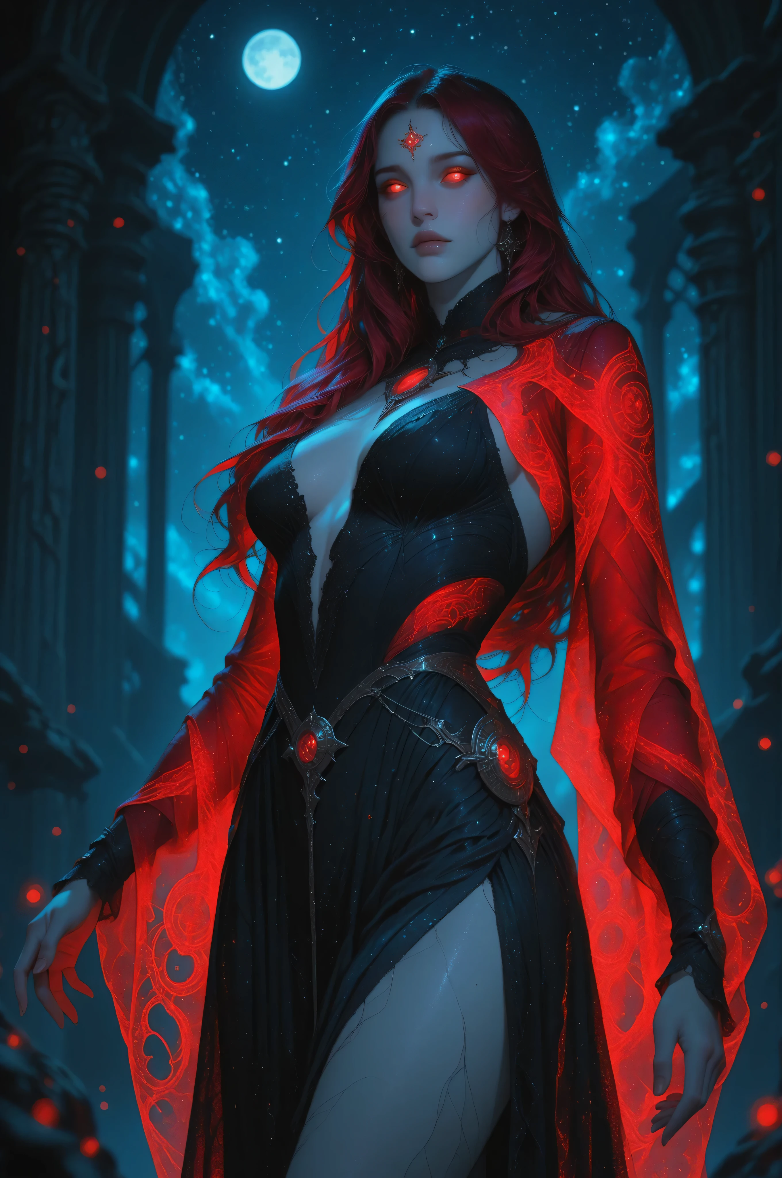 Fantasy Elements,a picture of an epic beautiful woman, ghostly beauty, wearing celestial dress, black silk dress, with celestial patterns, intricate dress, transluminescent dress, transparent dress, red sleeves, epic beautiful woman, pale skin perfect body, ghostly beauty, serene beauty, lush hair, long hair, red glowing eyes, stars weaved in the woman's hair, light caress the woman, moon light caress the dress, fantasy art, night time, the moon rises, award winning, photorealism, depth of field, hyper realistic, zavy-ctcmcs, Celestial Fantasy, dnddarkestfantasy, Art Deco, hyp3rd3tail style, Ethereal Gothic Elegance