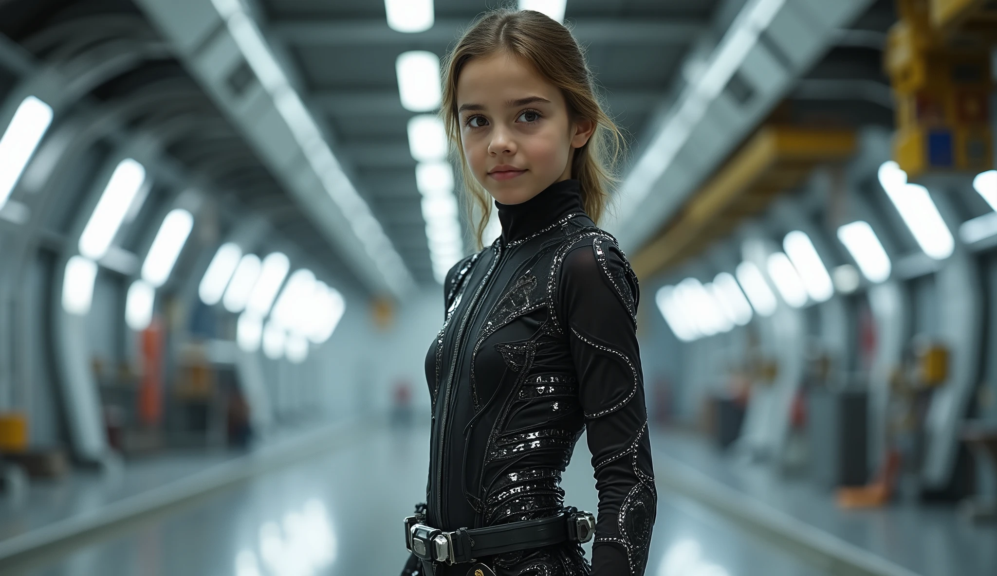 High-quality full-length photo of an eleven-year-old girl, in the image of a space fleet engineer, in a tight-fitting, thin and elastic, smaller than the equipment needs, made of super-thin high-tech material with transparent inserts all over the girl's body and elegant cuts, with a deep neckline open to the waist, with a belt with repair gadgets,repair droid in the hangar