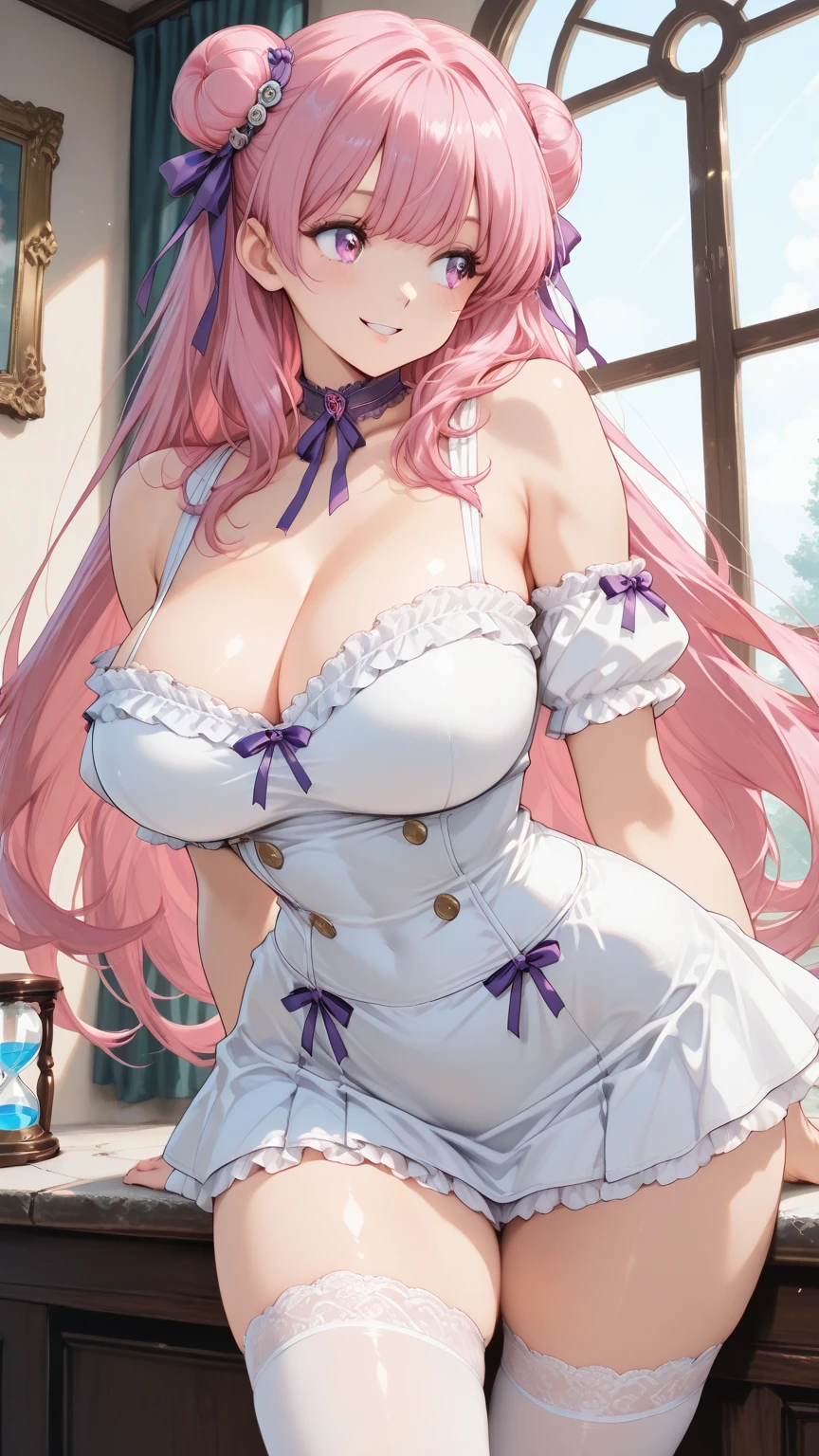 Highest quality, Soft Light, Ultra-high resolution,Attractive adult woman, alone, , (An inviting smile), (Blue eyes), Beautiful face in every detail,(High resolution detail of human skin texture), (Pink curly long hair),  girl,stockings,Lean forward and look at the viewer