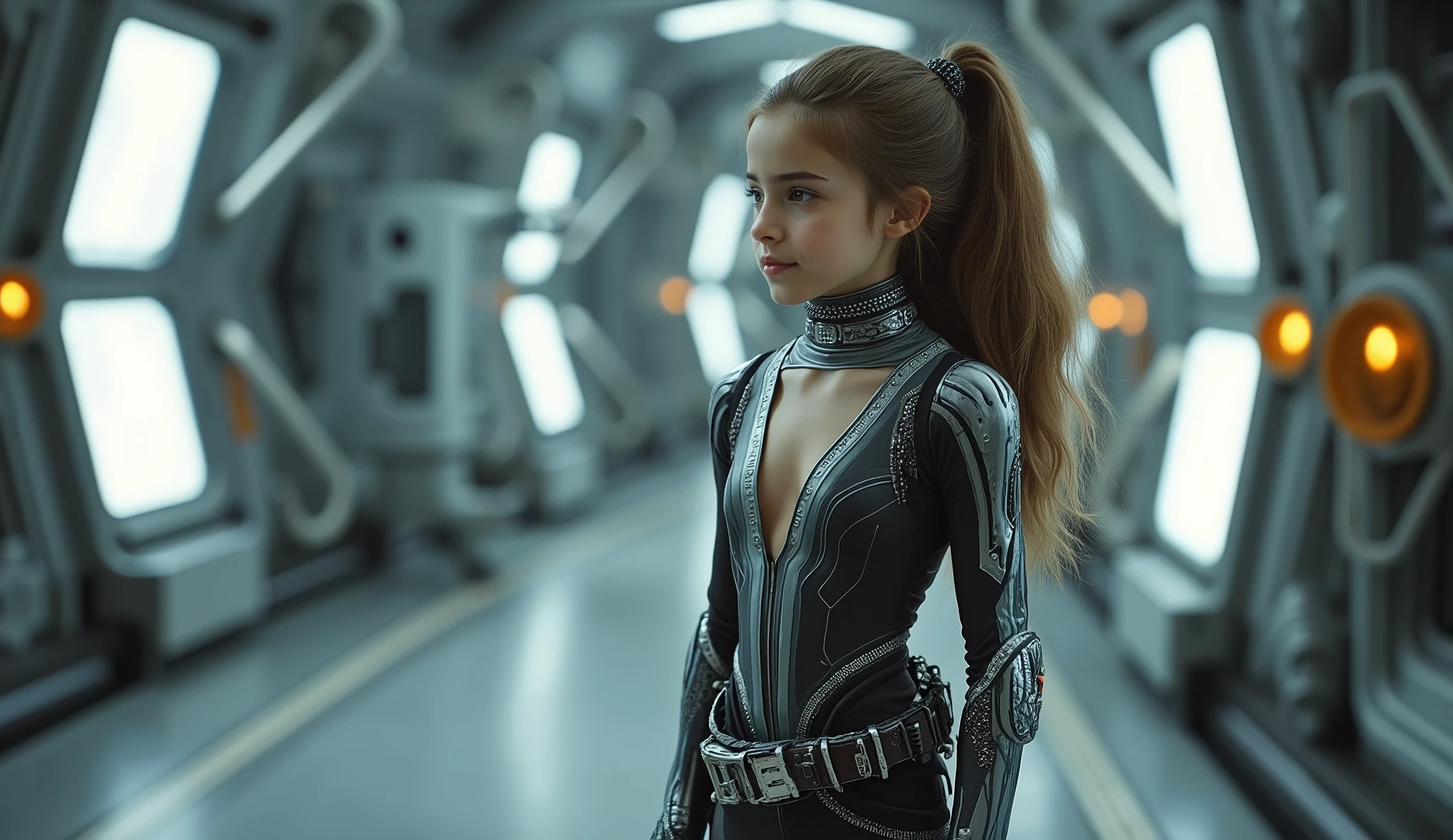 High-quality full-length photo of an eleven-year-old girl, in the image of a space fleet engineer, in a tight-fitting, thin and elastic, smaller than the equipment needs, made of super-thin high-tech material with transparent inserts all over the girl's body and elegant cuts, with a deep neckline open to the waist, with a belt with repair gadgets,repair droid in the hangar