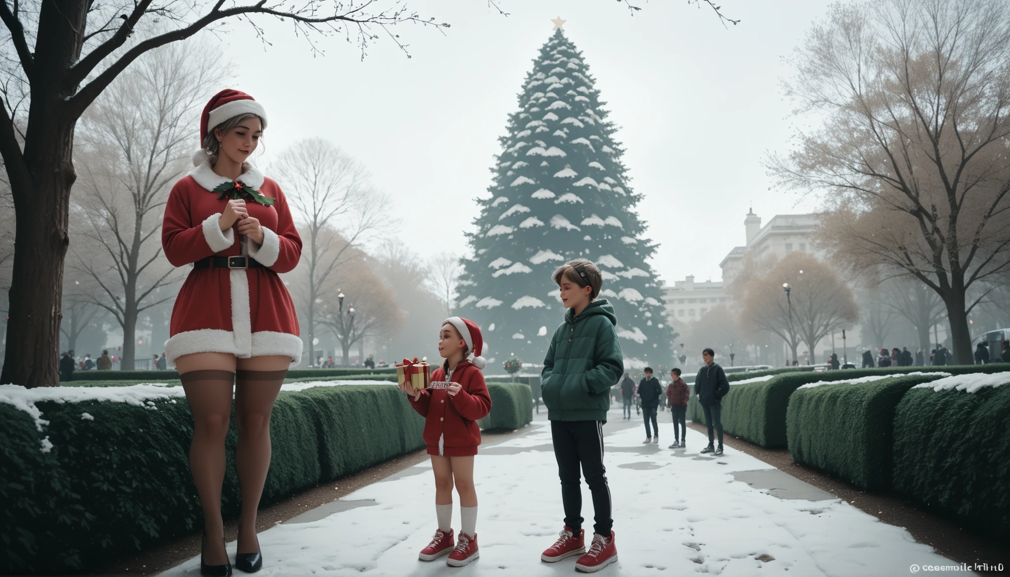 Giantess very young girl standing next to short mates in park. Giantess girl is taller than Christmas three.