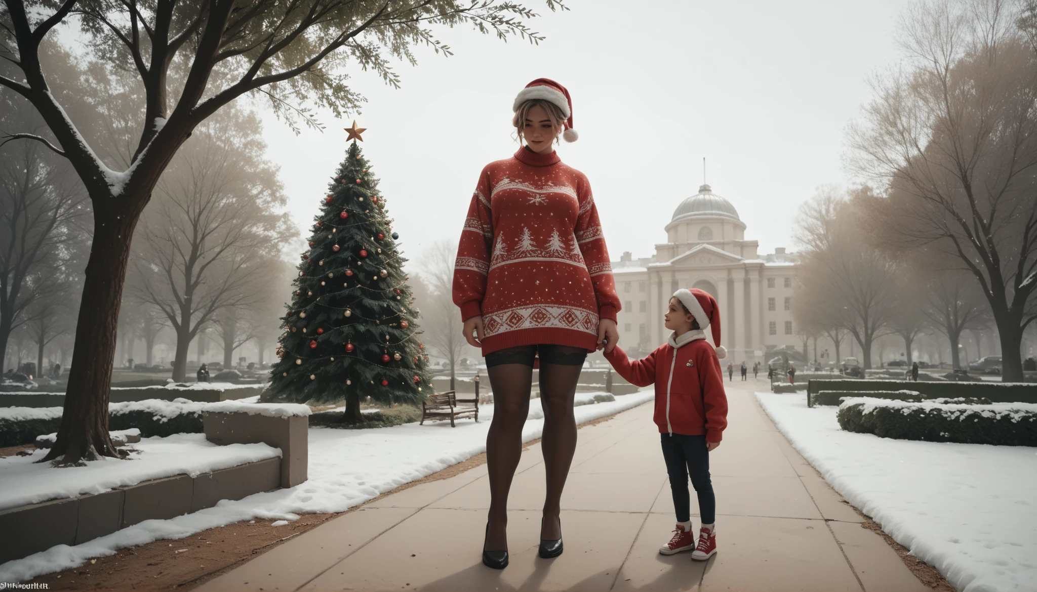 Giantess very young girl standing next to short mates in park. Giantess girl is taller than Christmas three.