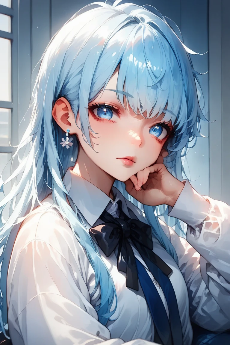 8k resolution,((Highest quality)), Ultra High Definition , Adult Female, alone, , (distressed face), (Cyan eyes), beautiful symmetrical face, (long hair with light blue curls),gothic dress shirt,white lace skirt,high socks,realistic:1.4,realistic:1.4,(masterpiece:1.2),(open their mouths:1.3),(sweat:1.4), Perfect Thighs ,chair in a half-sleeping position