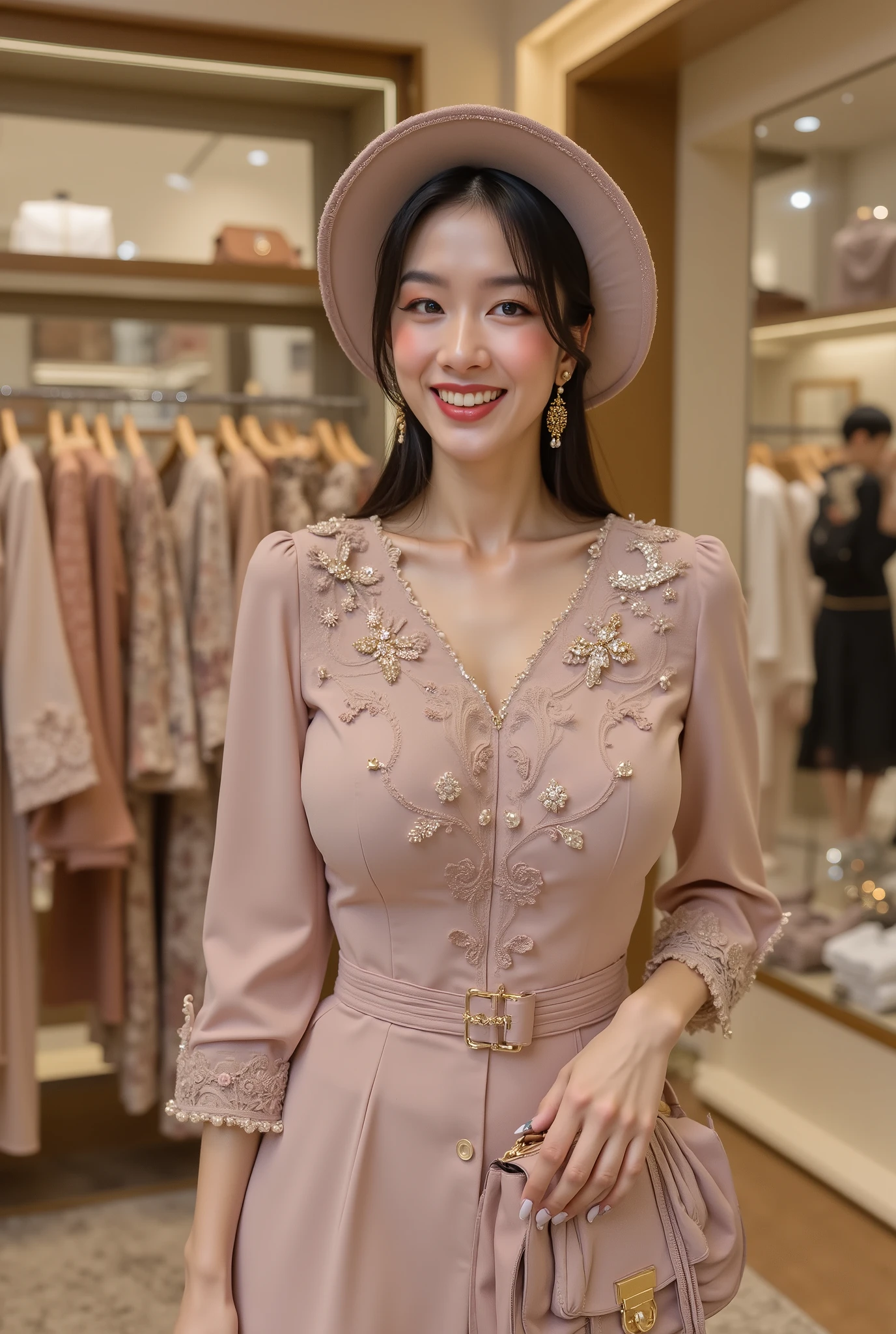 Shopaholic elegant woman in cloth store , happy vibes , elegant style , modisty wearing dress and hat . Handfully with bag after shoping