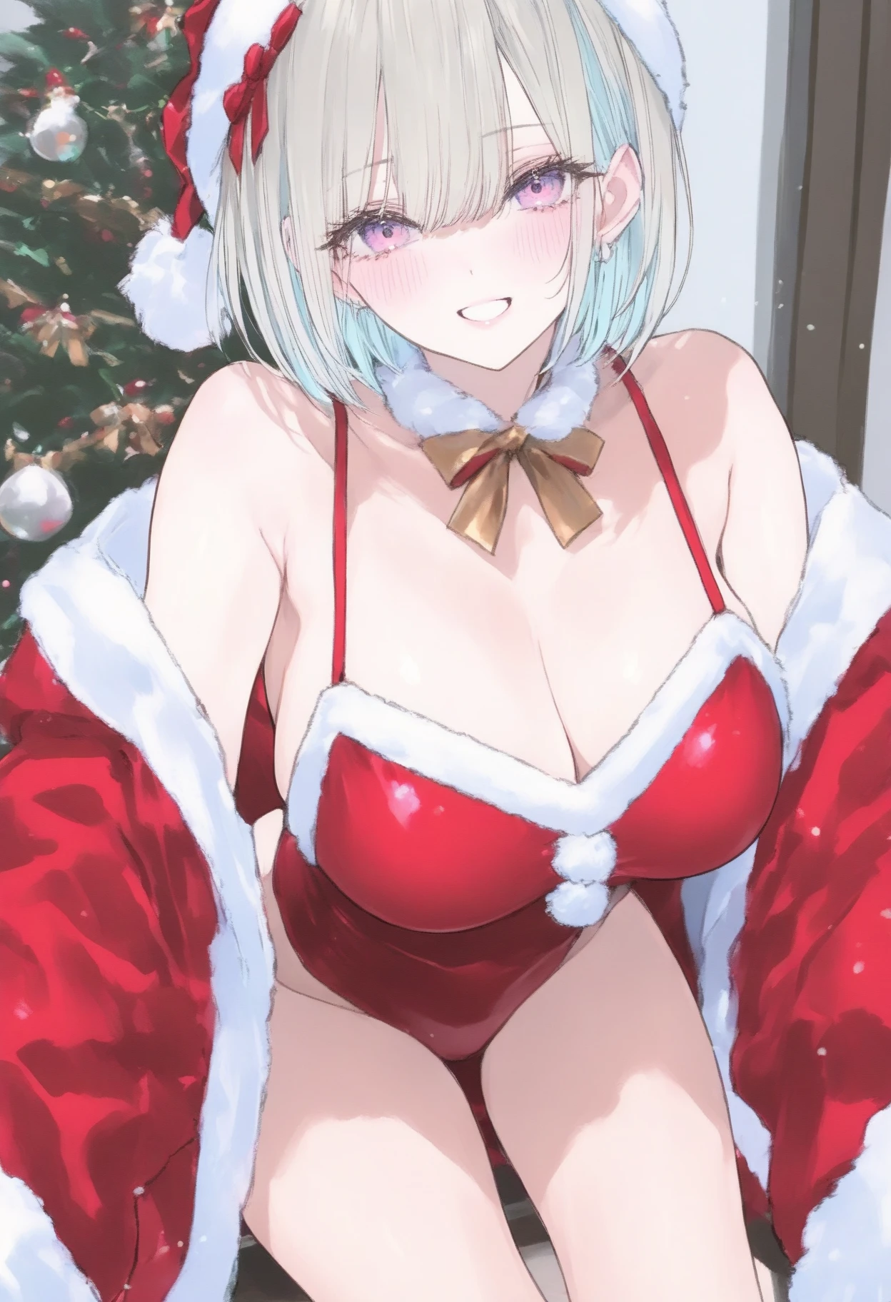 (One girl),(Best image quality, 32K, masterpiece:1.3), Anatomically correct, ((Pink Bob Cut:1.1)),(Swept-apart bangs,), (Cute eyes, Dark Eyes), (Mole under right eye), (thin), (),(Glowing Skin:1.1),(Pale skin:1.2),(Fantasyな雰囲気),(look up),Ultra-high resolution, Textured skin, Sparkle Effect, Fantasy,Bright Eyes,high school student,

Red lace panties,Red lace bra,Red Garter Belt,Braiding, Wet body,Sweat,

Red White Mini Skirt,belly button,Cleavage,Ribbon on neck,

Eat white popsicles,Saliva stringing,Food is on the face,

,


Santa hat, Santa Costume,

Woodhouse,fireplace,night,snow,Christmas ,smile, 