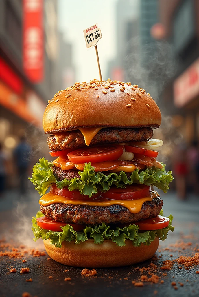 A burger falling in pieces juicy, tasty, hot, promotional photo, intricate details, hdr, cinematic, adobe lightroom, highly detailed