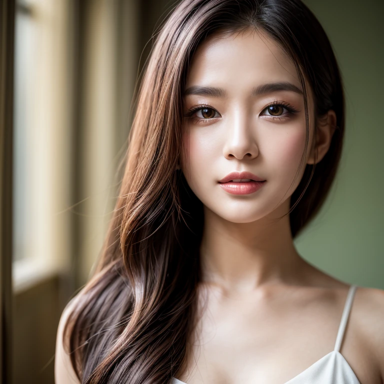 A close up of a woman with long hair wearing a white top - SeaArt AI