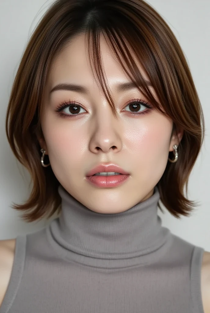 masterpiece、highest quality、High resolution、table top、wallpaper、realistic、bright lighting、professional lighting、face light、smooth lighting、japanese woman、adult、Beautiful woman、action、gravure、、poor、super beautiful、beautiful skin、beautiful and detailed eyes、detailed face、slim、moderately、short hair、brunette colored hair、brown eyes、look at the camera、、(:1.5)、thin sweater、(close up of face:2.0)