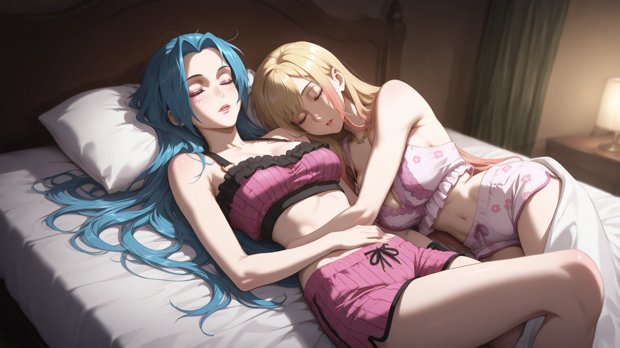 A cute and young girl with short yellow hair, Beautiful lips, perverted pose, doing a blowjob, sexy look, hentay style, echii, green eyes, perfect body, delicate and sexy body, very feminine, sexy butt, 