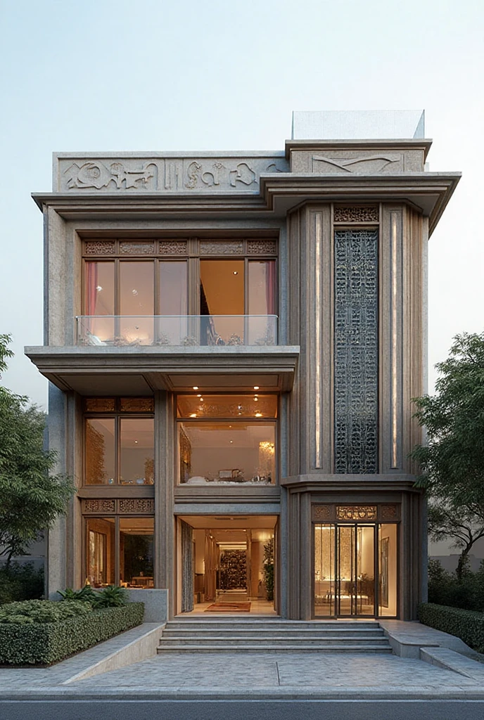 a rendering of a three story building with a balcony and balconies, front view, front elevation view, residential design, front perspective, perspective view, front-view, 3d rendering, 3 d rendering, front elevation, front view dramatic, exterior design, architectural render, front view, architectural concept, with 3 d render, (indochine:1.2), sky, cloud, morning weather, a road in front of house, (realistic:1.3), tree railing, tree 