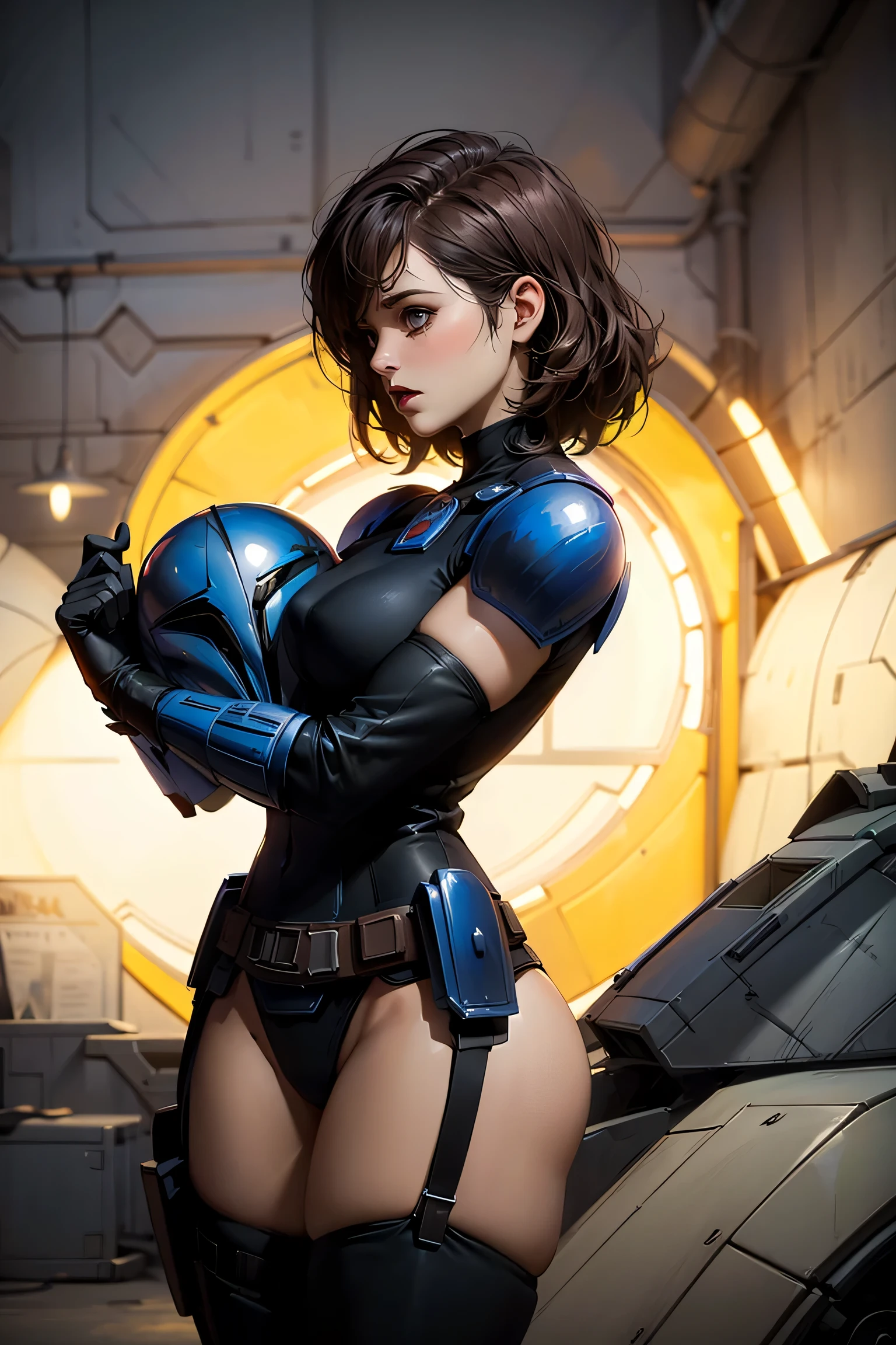 Star Wars Worldview ,A Mandalorian woman takes off her helmet ,helmet,Beautiful Mandalorian ,Hold the Mandalorian helmet in your arms, big eyes,garter belt , slender figure , Torn Outfit ,slim body, Vesker Armor, is wearing Mandalorian armor , has a Mandalorian helmet