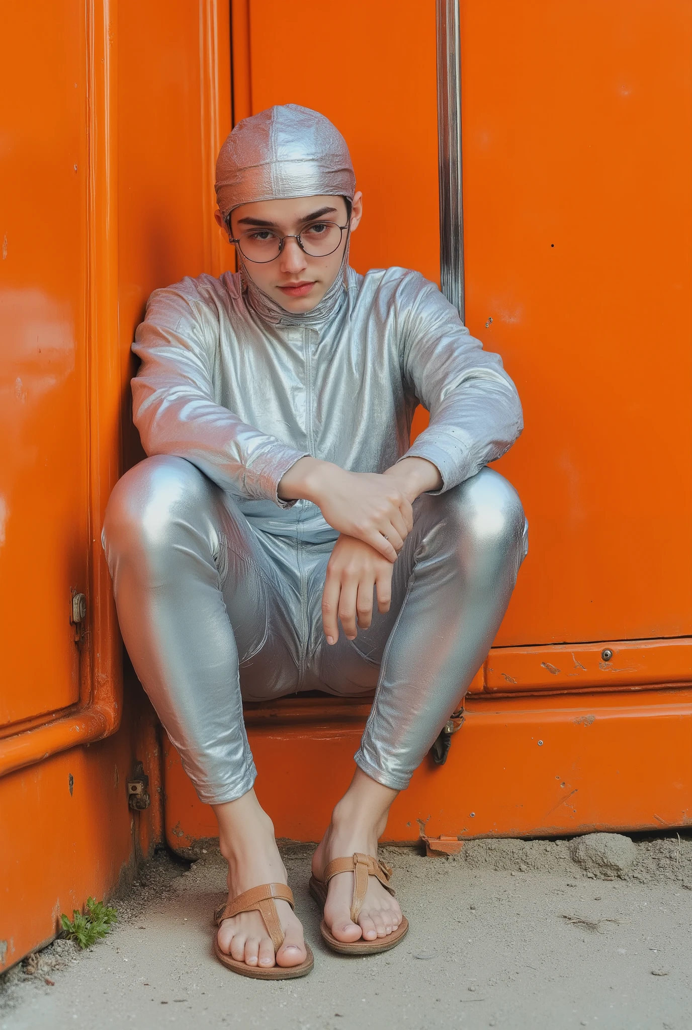 In front of a giant orange wall、A teenage man wearing a silver swim cap from his head to his ears and chin, wearing silver tights all over his body, showing only his face, and round glasses is leaning against a wall with his arms crossed and legs crossed、I'm wearing brown sandals、with a long sword highest quality
