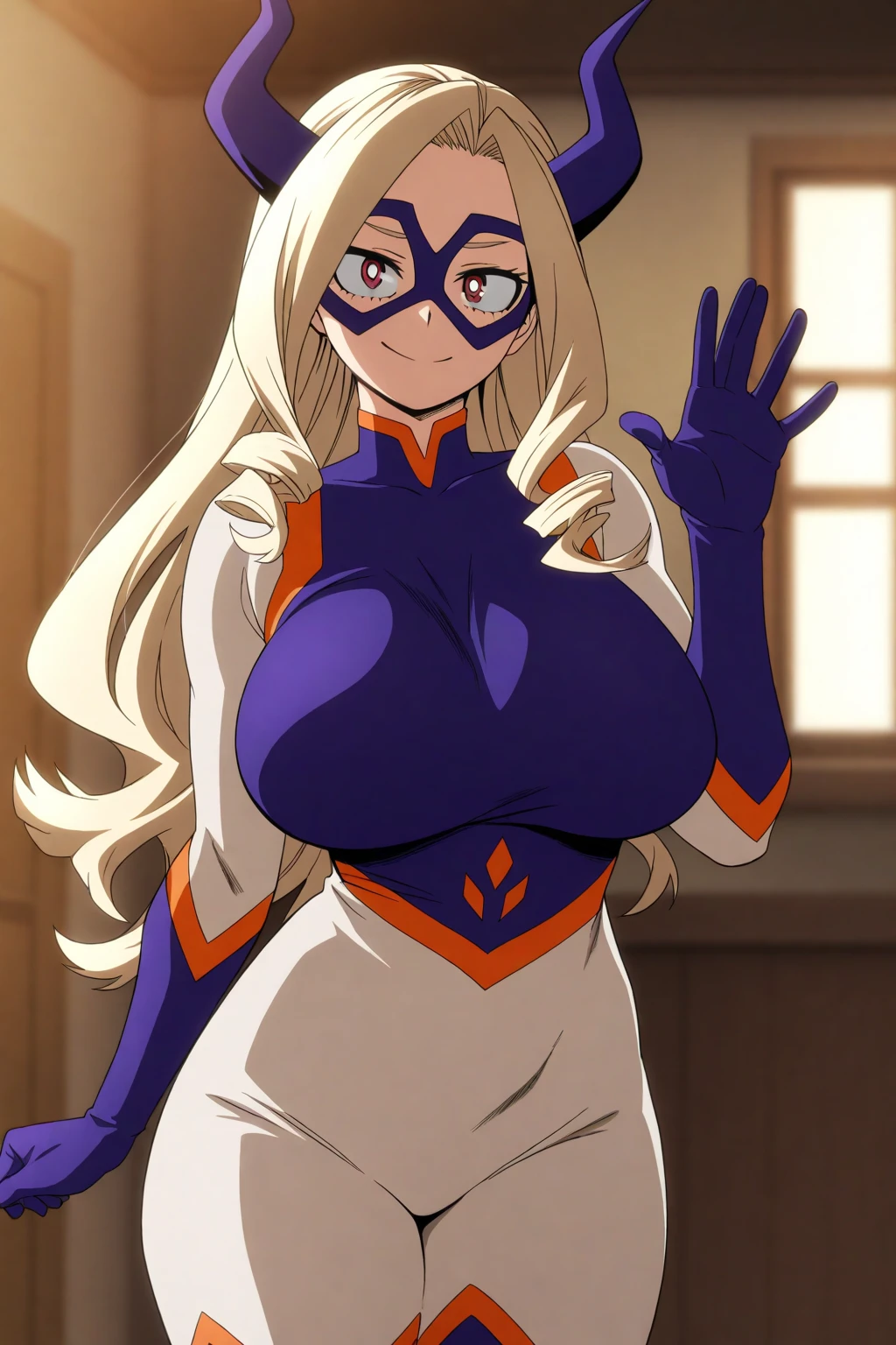 anime artwork, score_9, score_8_up, score_7_up, score_6_up, score_5_up, score_4_up, Mount Lady, blonde hair, purple eyes, , she is 24 years old, style_3, , , , black background, apron, , side , , V, solo, smile