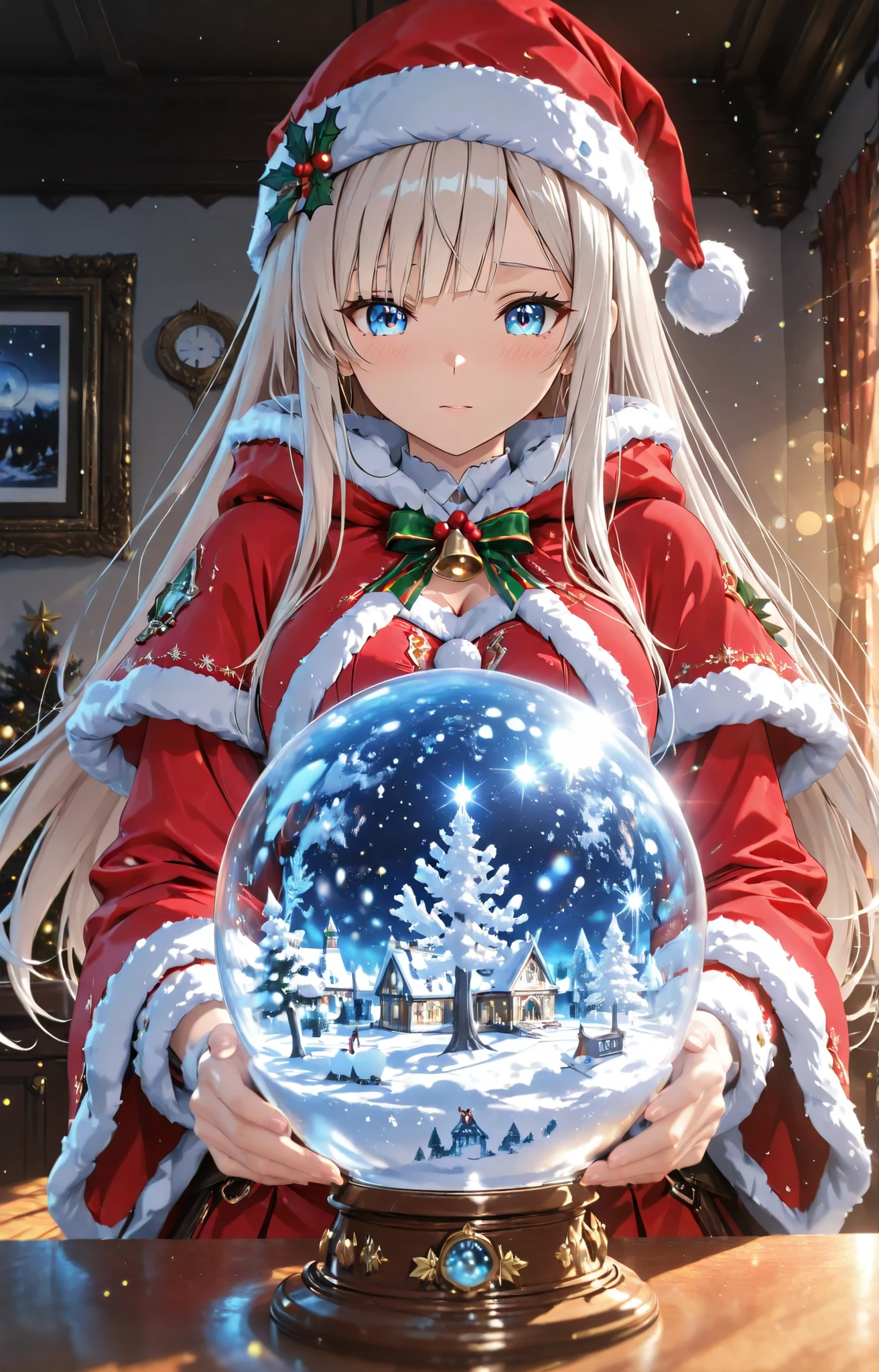 fantasy anime girl inspired by NEFER ,Santa girl ,platinum blonde、blue eyes 、detailed eyes 、Growing Eyes、pretty face, Fantasy Art,miniskirt Santa costume, anime style4K,
soft expression with split bangs、long hair, Dramatic lighting、bright color、 Strong Brushwork 、High contrast 、Girl looking at a snow globe 、
Lens Flare、
top quality, HD model, Ultra High Accuracy, 3d rendering, ultra sharp、
,,BREAK, 16K resolution,masterpiece,very detailed,ultra high definition,Super High Definition,anime style , detailed eyes ,detailed face, ,HDR ,clear line ,makes the colors as vivid as possible, detailed background、Indoor、Snow globe on desk