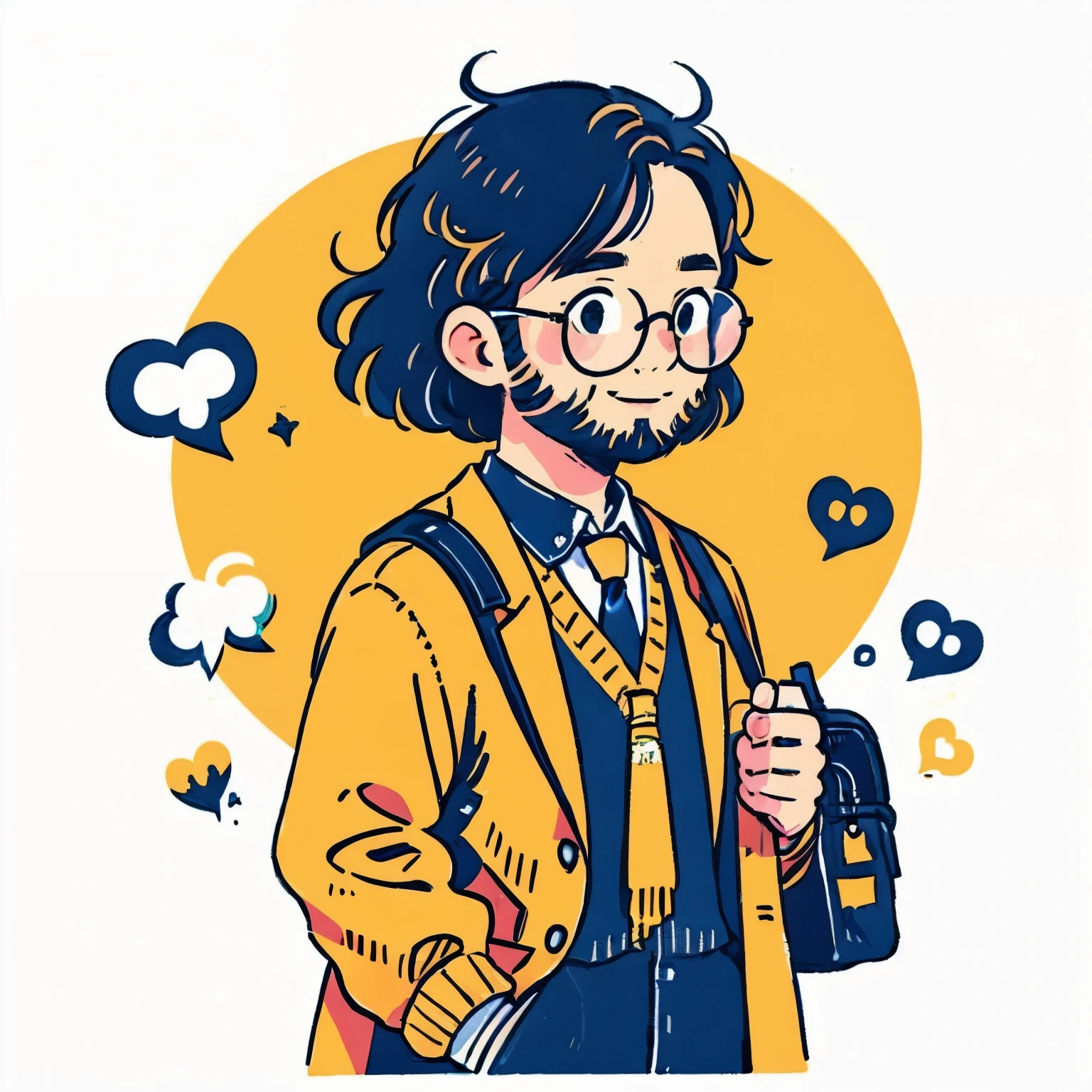 beard、顎beard、gentleman、round black glasses、Mature men、short hair、Suit、formal bag、Smile Yan、upper body、solo、masterpiece. high quality, high steady tail、Warm Atmosphere、