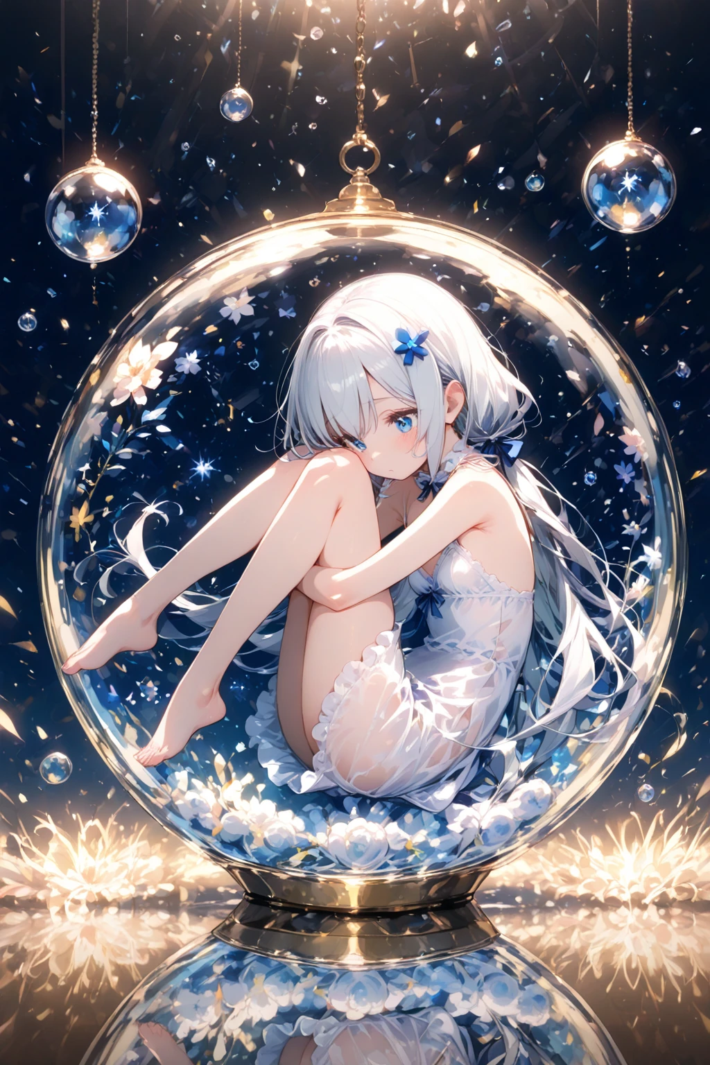 ((Close-up)) Teenage Girls in Anime, ((((Sitting in a flower garden (holding flowers in hand))))), (), ((barefoot)), (Cinematic Light), the skin is pure white, soft, Smooth and, ((Browsing Caution)), Very delicate and beautiful CG illustrations, Thin thighs, The body is slim, Highest quality, High resolution, Dynamic Angle, Full Frame Lens, ((1 Girl)), (Fine grain), soft light, High key lighting), Shining Light, Feathers flying background, Blue Crystal, ((She has glowing blue rings around her ankles)), (((wear (there is nothing) but、white () Tank top)))