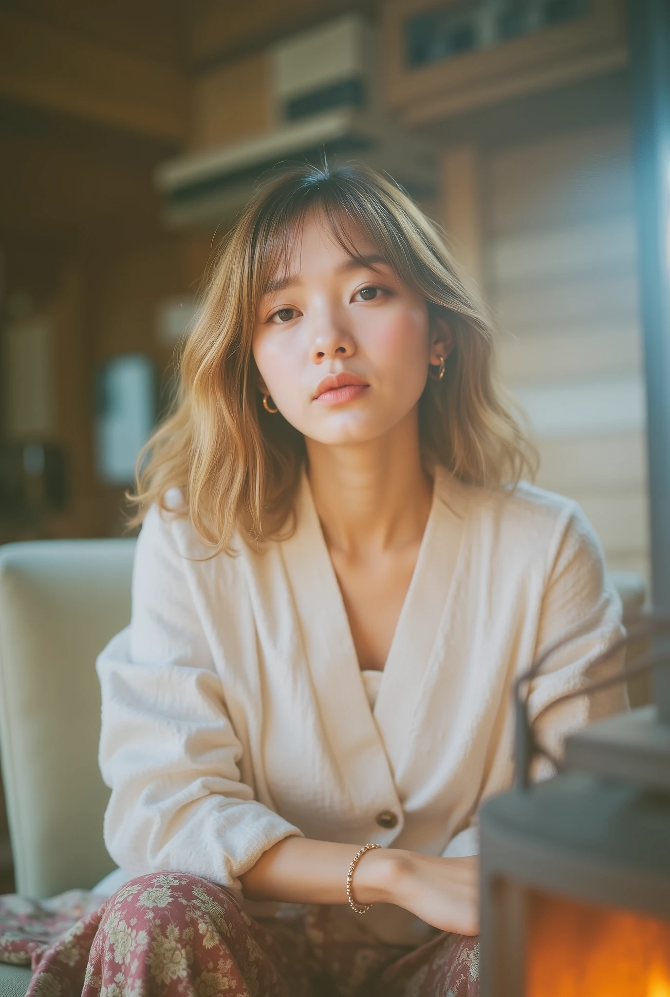 a cozy portrait of a Japanese woman sitting near a fireplace in a wooden cabin, soft firelight on her face, DSLR 85mm lens, shallow depth of field, RAW photo, ultra-realistic, detailed lighting, warm skin tones --ar 3:4 --style raw --stylize 200