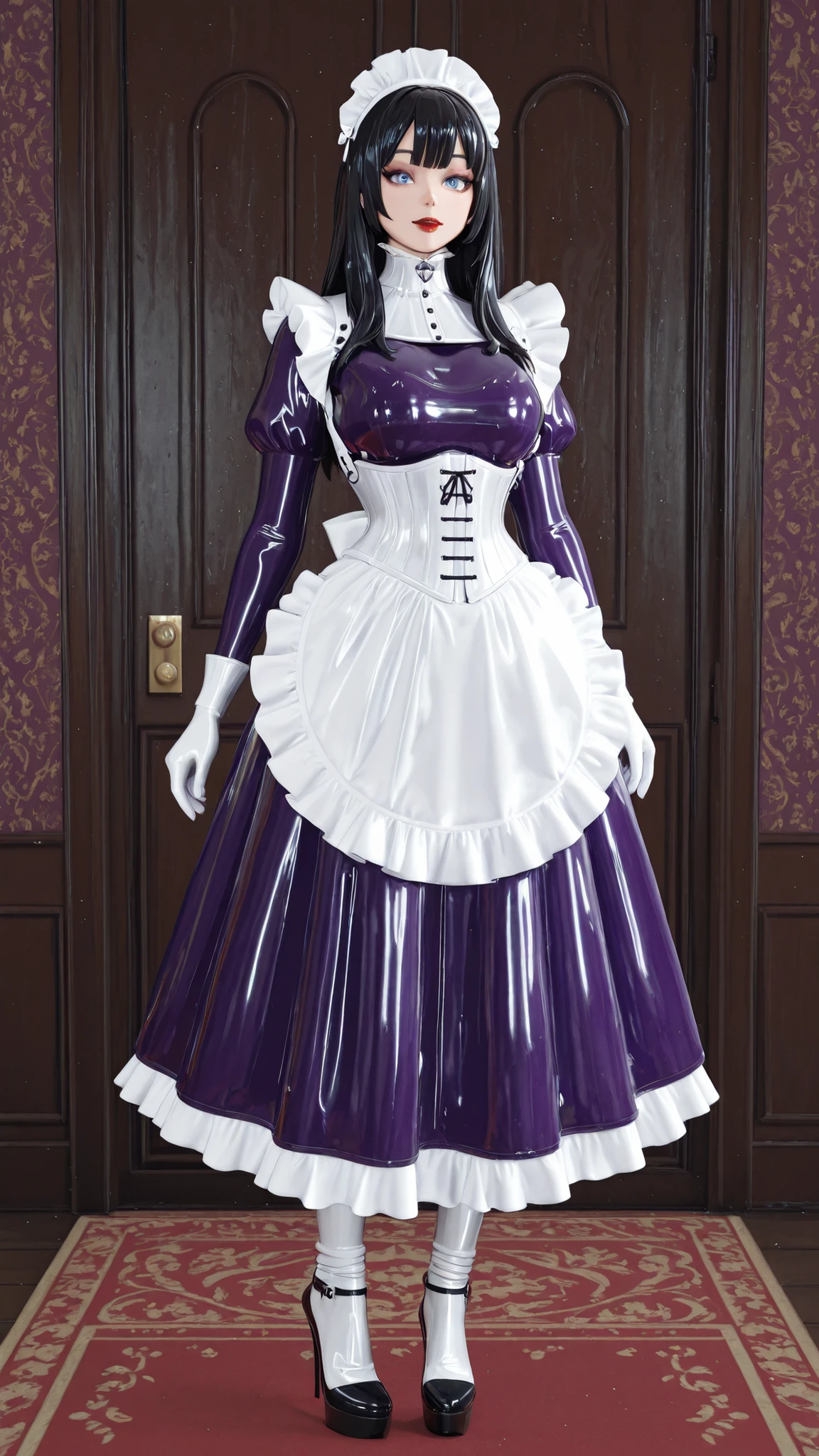 maniajuns, black latex skin, black lenses, black hair,blue eyes,red lips, happy, girl in closed shiny black catsuit,white NeckCorset, HW_Corset, standing, purple latex maid, gothic, frilly, ruffles, purple latex long skirt, Wide Skirt, big purple latex puffed maid sleeves, white latex gloves, white latex big apron,white latex socks, full body, 1 girl,  high heels, view straight ahead,front view..
