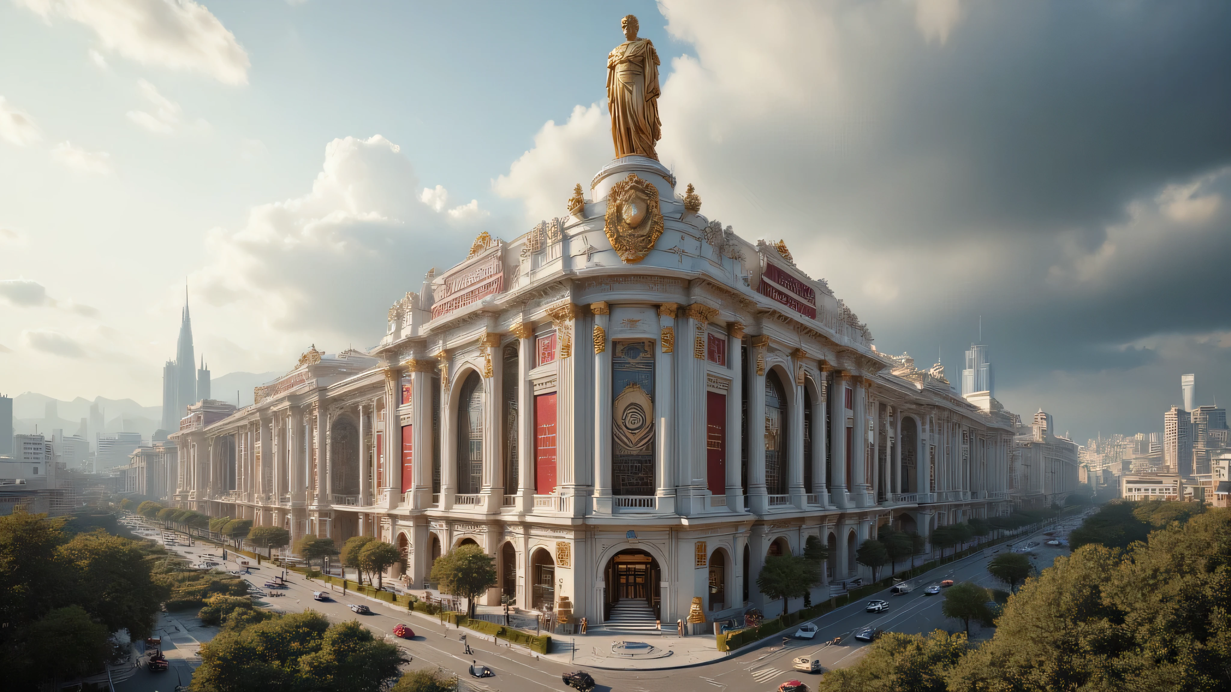 A white and red shopping mall with a golden Roman statue of Caesar on the roof. A large city, white sky and clouds, and a dim sun.