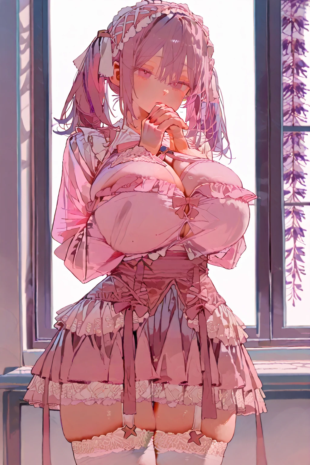 (masterpiece）、（Best image quality）、（Very detailed）、（Very detailed）、4K、（8K）、Best image quality、（beautiful）, 1 Girl,、Thick thighs,Noise Reduction､Emphasis on the ､ Augmentation,(Black Pantyhose:1.2),The  is exposed,( :1.3),(pubic hair:1.3),Sweating,(school uniform:1.2),smile,Pink Hair Color,( slave:1.5)