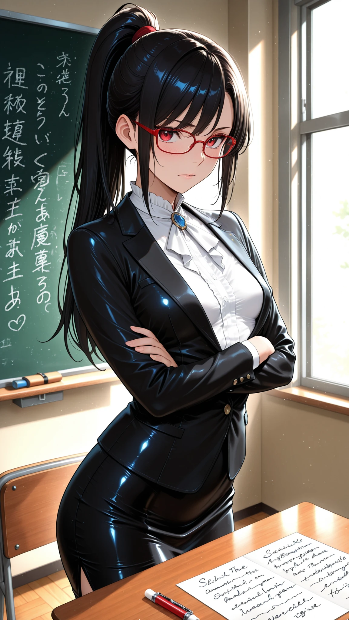 High Quality Photo、masterpiece、Highest Quality、female teacher standing at the pulpit、tight red thin framed glasses、tight tied high ponytail、black slender suit skirt and white blouse with sharp collar、majestic posture looking over the classroom with arms crossed、teaching materials and red pens arranged in an orderly manner on the desk、chalk letters with beautiful handwriting on the blackboard behind、expression shining intellect in the midst of severity、Tense air drifting through the classroom、afternoon light shining through a large window、strict discipline、small breasts