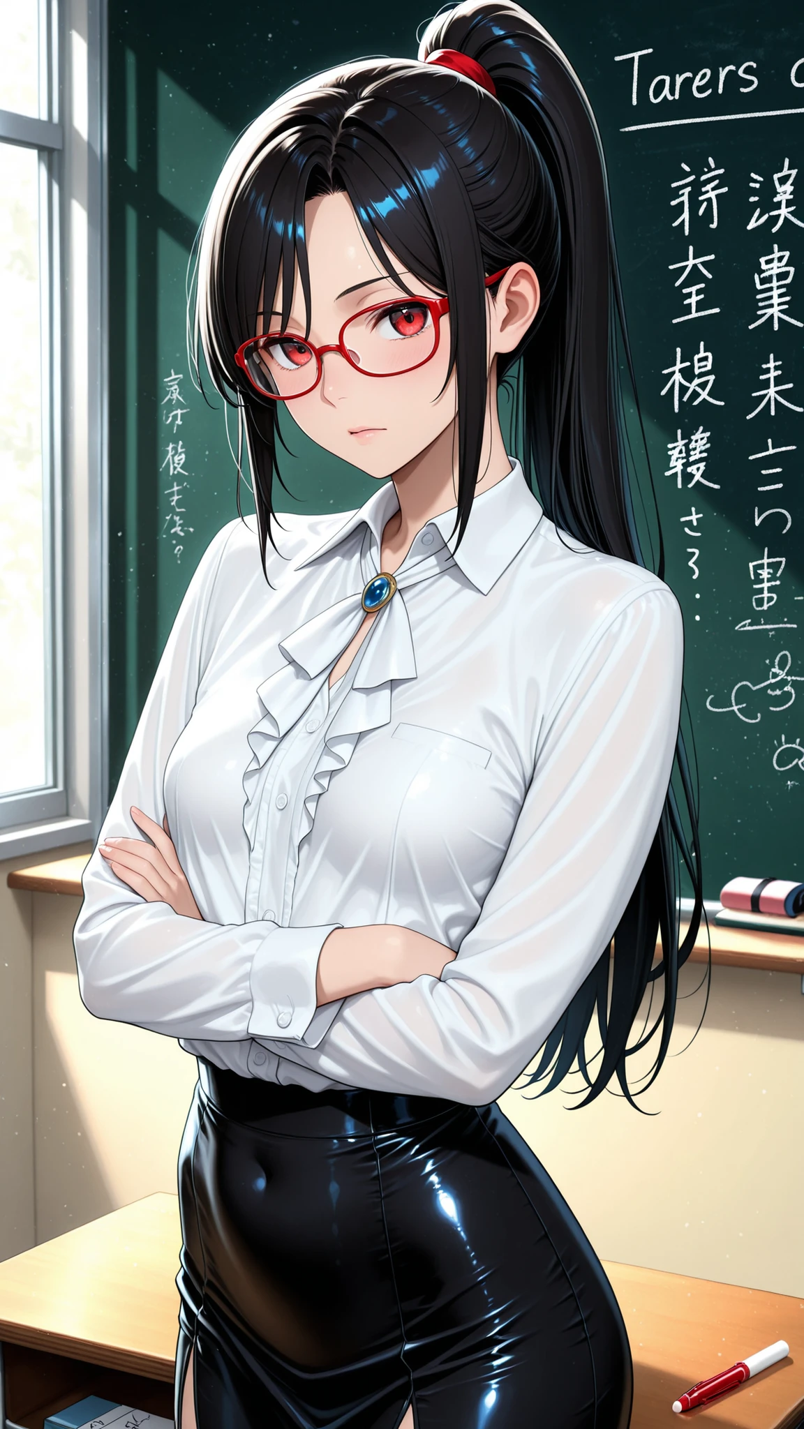 High Quality Photo、masterpiece、Highest Quality、female teacher standing at the pulpit、tight red thin framed glasses、tight tied high ponytail、black slender suit skirt and white blouse with sharp collar、majestic posture looking over the classroom with arms crossed、teaching materials and red pens arranged in an orderly manner on the desk、chalk letters with beautiful handwriting on the blackboard behind、expression shining intellect in the midst of severity、Tense air drifting through the classroom、afternoon light shining through a large window、strict discipline、small breasts