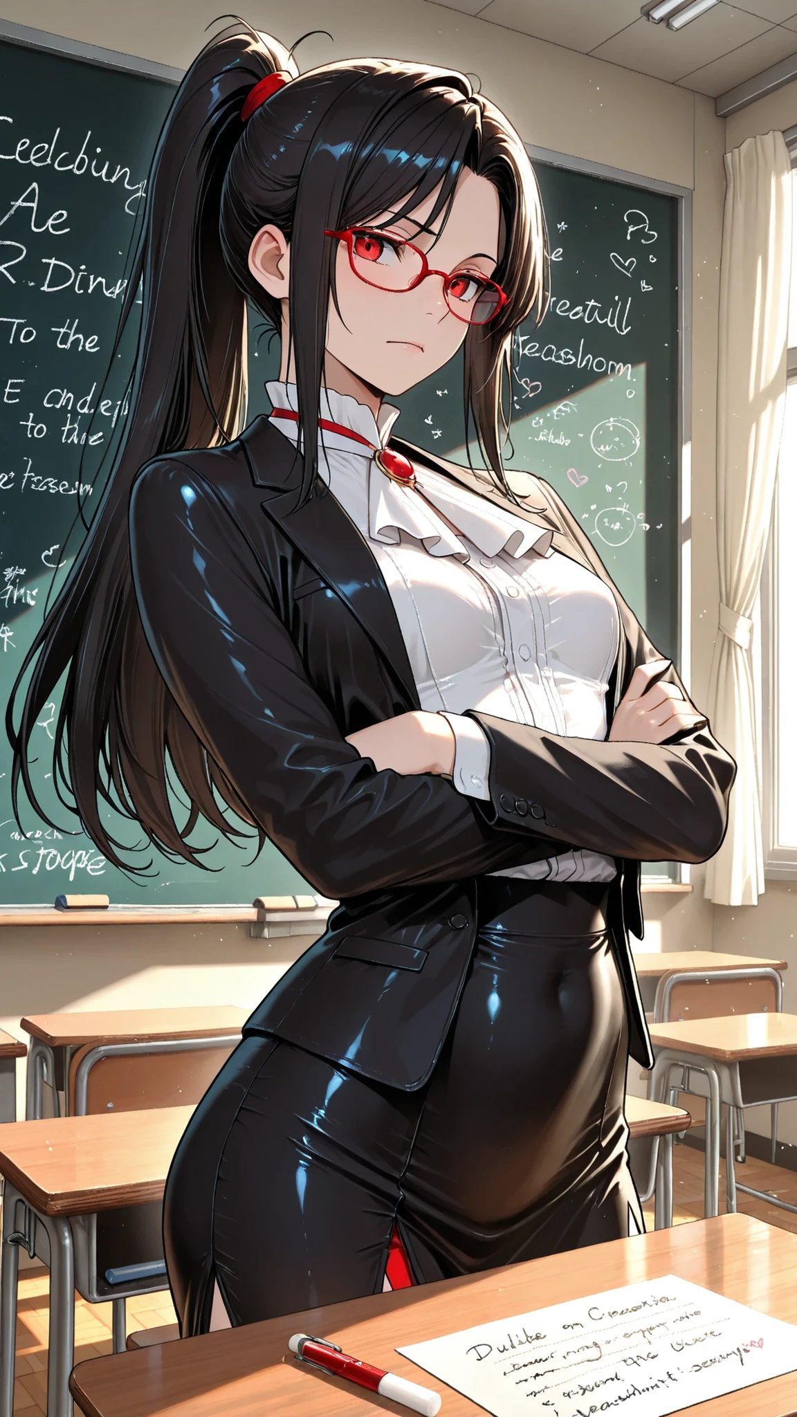High Quality Photo、masterpiece、Highest Quality、female teacher standing at the pulpit、tight red thin framed glasses、tight tied high ponytail、black slender suit skirt and white blouse with sharp collar、majestic posture looking over the classroom with arms crossed、teaching materials and red pens arranged in an orderly manner on the desk、chalk letters with beautiful handwriting on the blackboard behind、expression shining intellect in the midst of severity、Tense air drifting through the classroom、afternoon light shining through a large window、strict discipline、small breasts