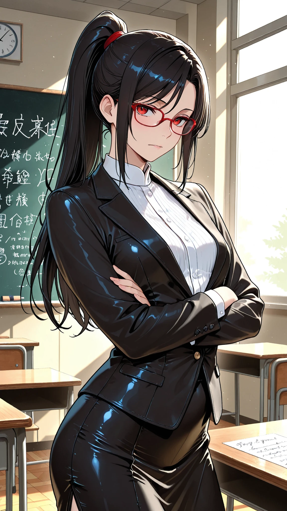 High Quality Photo、masterpiece、Highest Quality、female teacher standing at the pulpit、tight red thin framed glasses、tight tied high ponytail、black slender suit skirt and white blouse with sharp collar、majestic posture looking over the classroom with arms crossed、teaching materials and red pens arranged in an orderly manner on the desk、chalk letters with beautiful handwriting on the blackboard behind、expression shining intellect in the midst of severity、Tense air drifting through the classroom、afternoon light shining through a large window、strict discipline、small breasts
