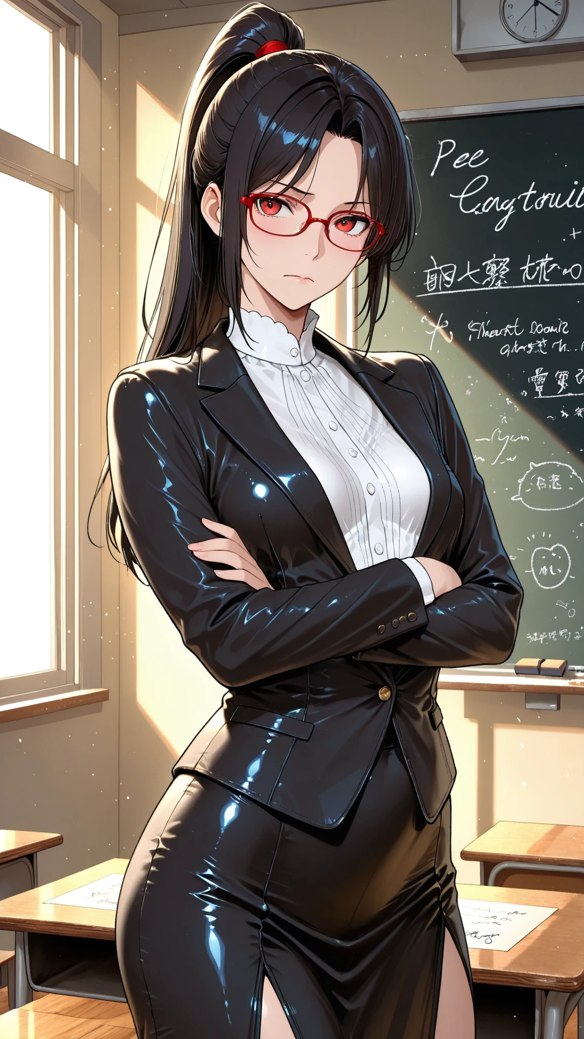 High Quality Photo、masterpiece、Highest Quality、female teacher standing at the pulpit、tight red thin framed glasses、tight tied high ponytail、black slender suit skirt and white blouse with sharp collar、majestic posture looking over the classroom with arms crossed、teaching materials and red pens arranged in an orderly manner on the desk、chalk letters with beautiful handwriting on the blackboard behind、expression shining intellect in the midst of severity、Tense air drifting through the classroom、afternoon light shining through a large window、strict discipline、small breasts