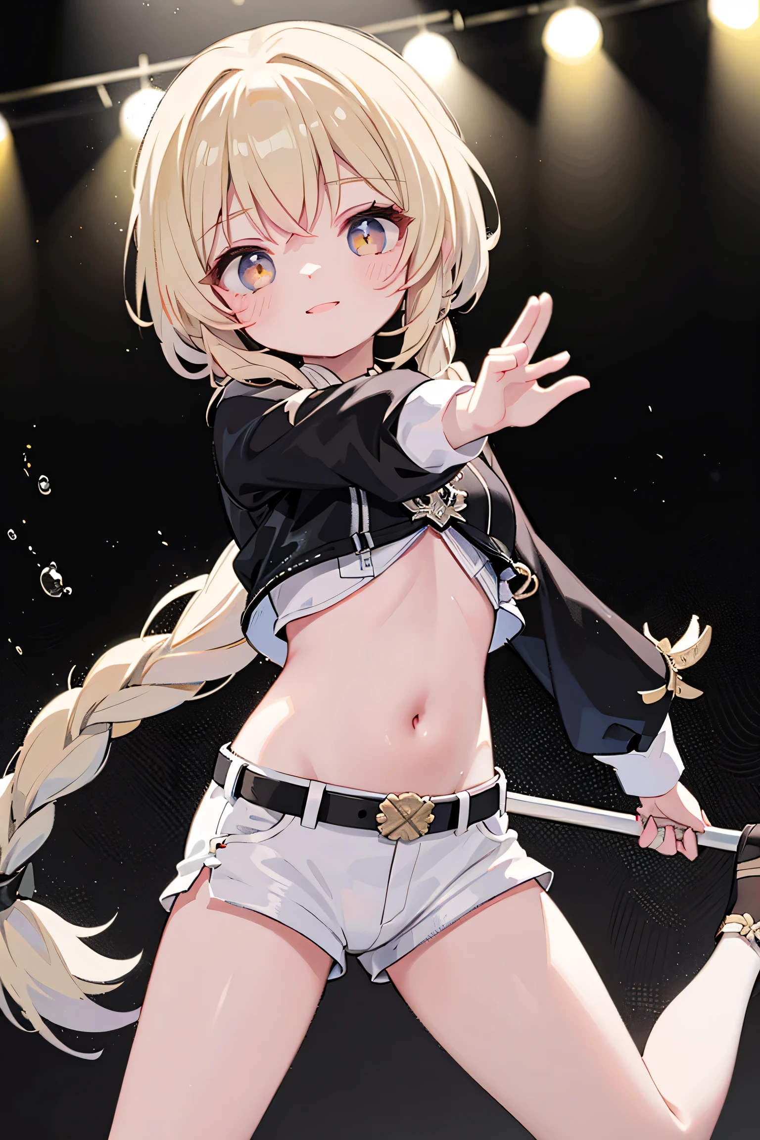 best quality ，Ultradetailliert ， nice face ， Meisterwerk、 Meisterwerk, erstklassig, 
Meisterwerk, best quality, amazing quality, (Genaue Stil), (detailed face), Genaues Gesicht, Treffende Augen, Genaue Farben, detaillierte Augen, Rumi kpop, The hair is braided into a very long braid, pony, braune Augen,  1 girl, Allein, 3d, plain yellow jacket with crop cut, schwarze Shorts, Bauch, red belt, white crop top, Stiefel, has golf clubs in the right hand,spielt Golf, very dynamic pose, very dramatic perspective, Cowboy-Schuss, hellblaues Crop-Top, on stage,Watch viewers directly, very sweet smiling,looks directly at the viewer, happy smile, Elegant,   very thin legs, dark background narrow  , schmale Beine, , extrem detailliert,  best quality ，Ultradetailliert ， nice face、 Meisterwerk, erstklassig, 1 girl in, best quality , 1 girl dark background