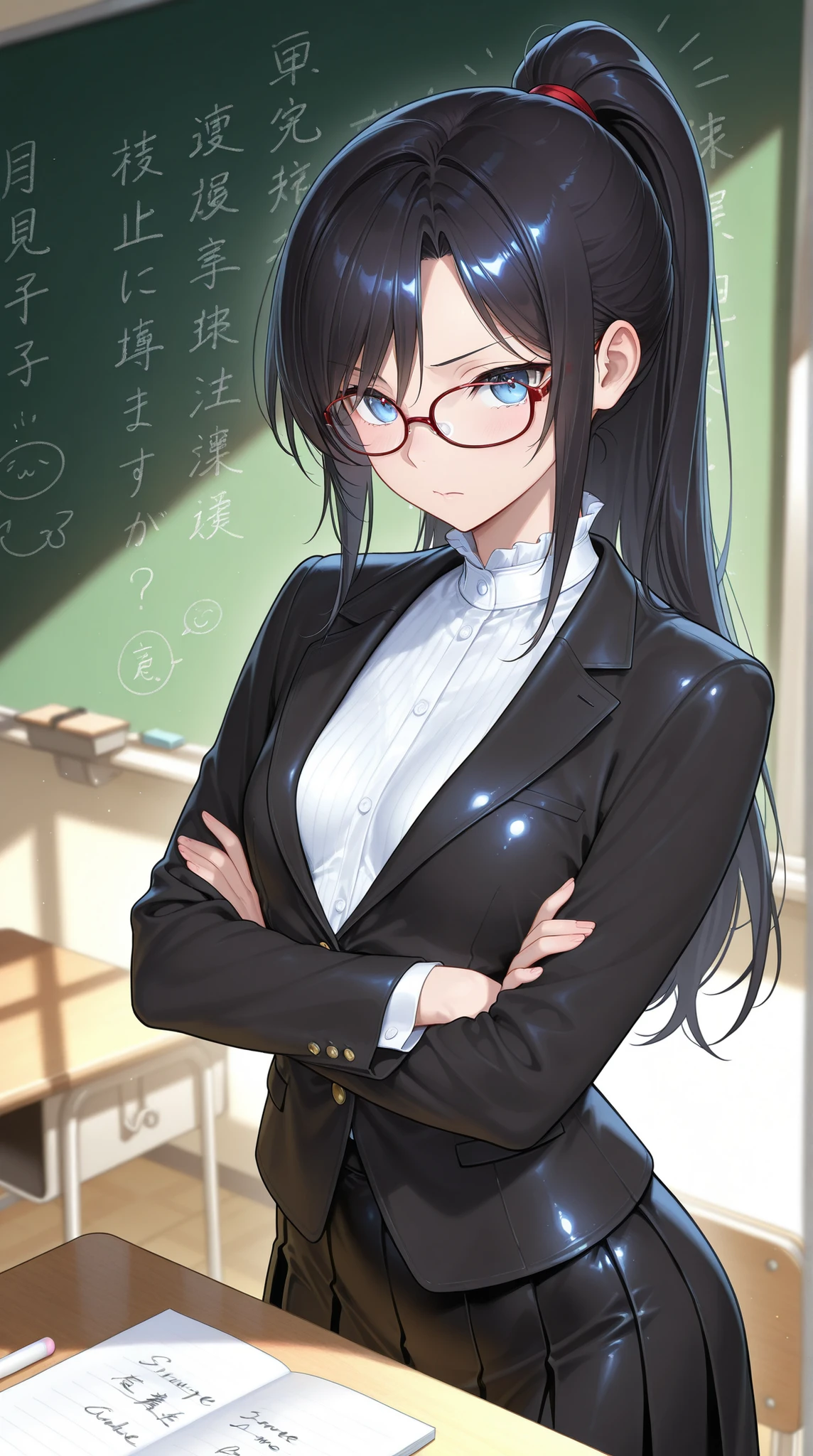 High Quality Photo、masterpiece、Highest Quality、female teacher standing at the pulpit、tight red thin framed glasses、tight tied high ponytail、black slender suit skirt and white blouse with sharp collar、majestic posture looking over the classroom with arms crossed、teaching materials and red pens arranged in an orderly manner on the desk、chalk letters with beautiful handwriting on the blackboard behind、expression shining intellect in the midst of severity、Tense air drifting through the classroom、afternoon light shining through a large window、strict discipline、small breasts