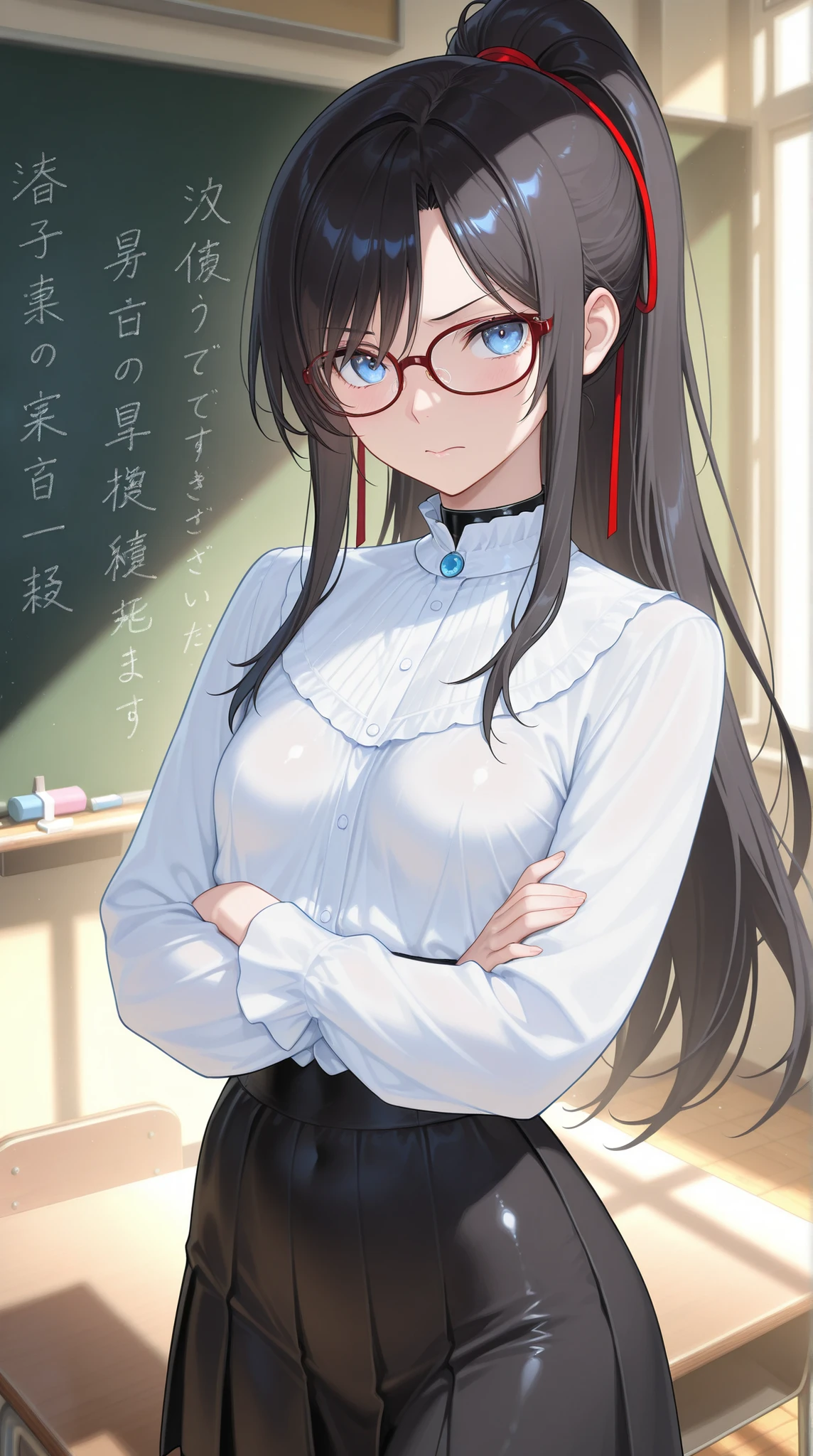 High Quality Photo、masterpiece、Highest Quality、female teacher standing at the pulpit、tight red thin framed glasses、tight tied high ponytail、black slender suit skirt and white blouse with sharp collar、majestic posture looking over the classroom with arms crossed、teaching materials and red pens arranged in an orderly manner on the desk、chalk letters with beautiful handwriting on the blackboard behind、expression shining intellect in the midst of severity、Tense air drifting through the classroom、afternoon light shining through a large window、strict discipline、small breasts