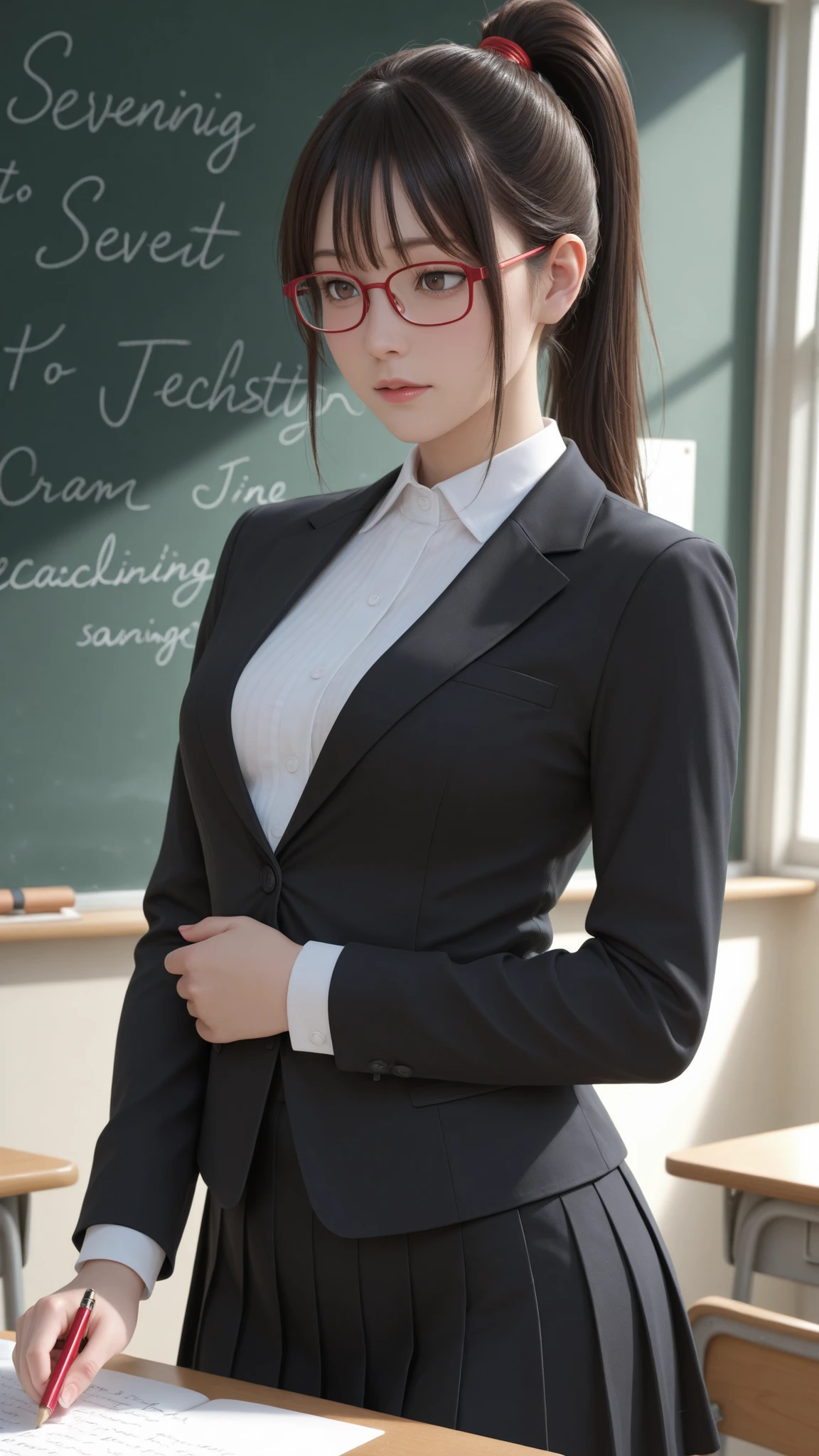 High Quality Photo、masterpiece、Highest Quality、female teacher standing at the pulpit、tight red thin framed glasses、tight tied high ponytail、black slender suit skirt and white blouse with sharp collar、majestic posture looking over the classroom with arms crossed、teaching materials and red pens arranged in an orderly manner on the desk、chalk letters with beautiful handwriting on the blackboard behind、expression shining intellect in the midst of severity、Tense air drifting through the classroom、afternoon light shining through a large window、strict discipline、small breasts