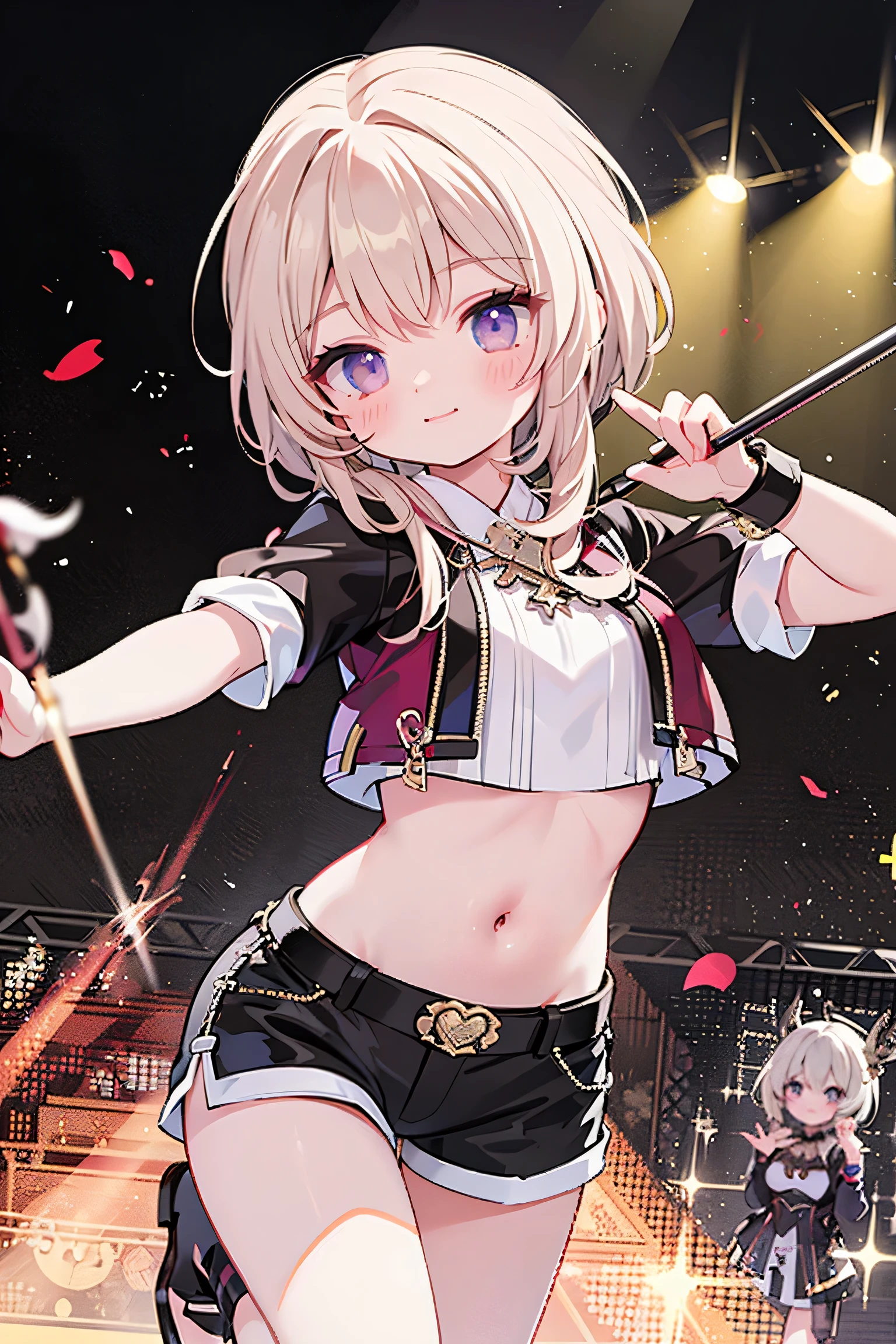 best quality ，Ultradetailliert ， nice face ， Meisterwerk、 Meisterwerk, erstklassig, 
Meisterwerk, best quality, amazing quality, (genauer Stil), (detailed face), Genaues Gesicht, Treffende Augen, genaue Farben, detaillierte Augen, Rumi kpop, only 1 very long purple braided braid,Pony, braune Augen,  1 girl, Allein, 3d, Gelbe Jacke, Cropped Jacke, schwarze Shorts, Bauch, red belt, white crop top, Stiefel, has golf clubs in the right hand,spielt Golf, very dynamic pose, very dramatic perspective, Cowboy-Schuss, Hellblaues Crop-Top, on stage,View viewers directly, very sweet smiling,looks directly at the viewer, happy smile, Elegant,  very thin legs, dark background narrow  , schmale Beine, , extremely detailed,  best quality ，Ultradetailliert ， nice face、 Meisterwerk, erstklassig, 1 girl in, best quality , 1 girl dark background