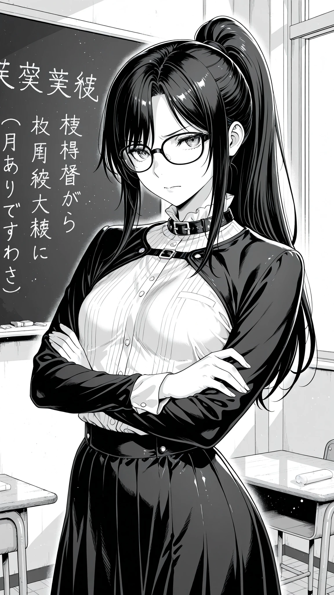 High Quality Photo、masterpiece、Highest Quality、female teacher standing at the pulpit、tight red thin framed glasses、tight tied high ponytail、black slender suit skirt and white blouse with sharp collar、majestic posture looking over the classroom with arms crossed、teaching materials and red pens arranged in an orderly manner on the desk、chalk letters with beautiful handwriting on the blackboard behind、expression shining intellect in the midst of severity、Tense air drifting through the classroom、afternoon light shining through a large window、strict discipline、small breasts