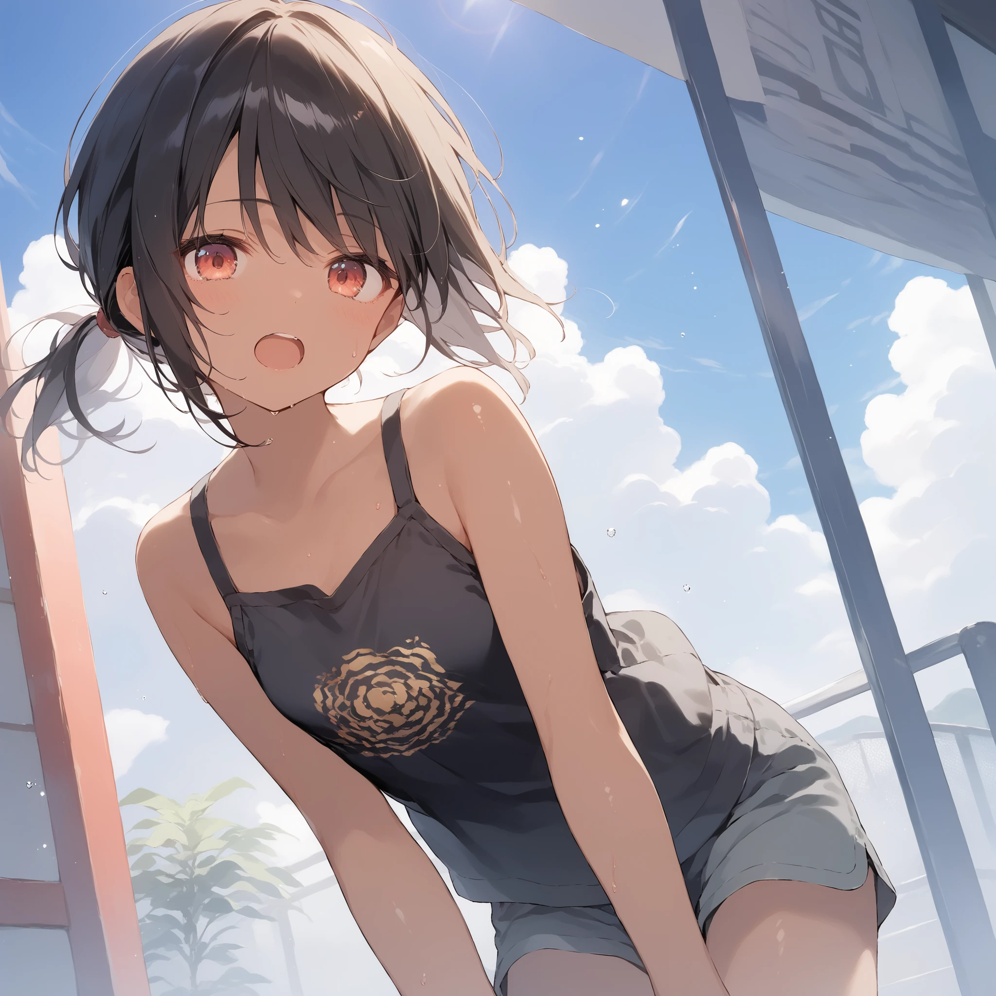 score_9, score_8_up, score_7_up, source_anime, best quality, masterpiece, official art, absurdres, highres, ultra-detailed,waifu2x,Collection: Slice of Life,break,1girl, tomboy, dark-skinned female, short hair, low ponytail, flat chest, beautiful detailed eyes, short shorts, sweat, open mouth, (yawn:0.3), sleepily, outdoors, wind, break,(clear line illustration:1.2),very high resolution, very aesthetic, super detailed skin, Best  lighting powered by famous artist, 8k,cute picture,beauty illustration,photoshop_(medium),,(Detailed Lighting),best anime 8k konachan wallpaper, pixiv contest winner, 