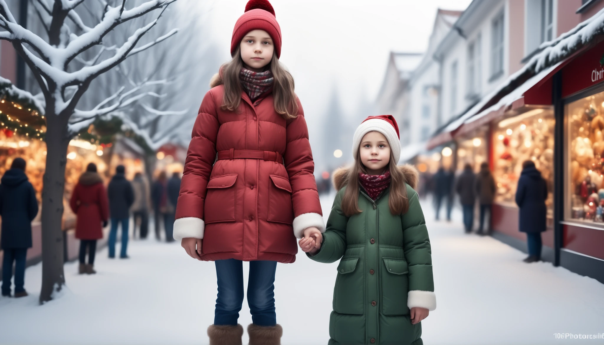 10 YEARS OLD extremely tall giantess very young girl in winter dress standing giant next to shorter mother on fair and searching to buy a christmas three. Photorealistic, natural face.