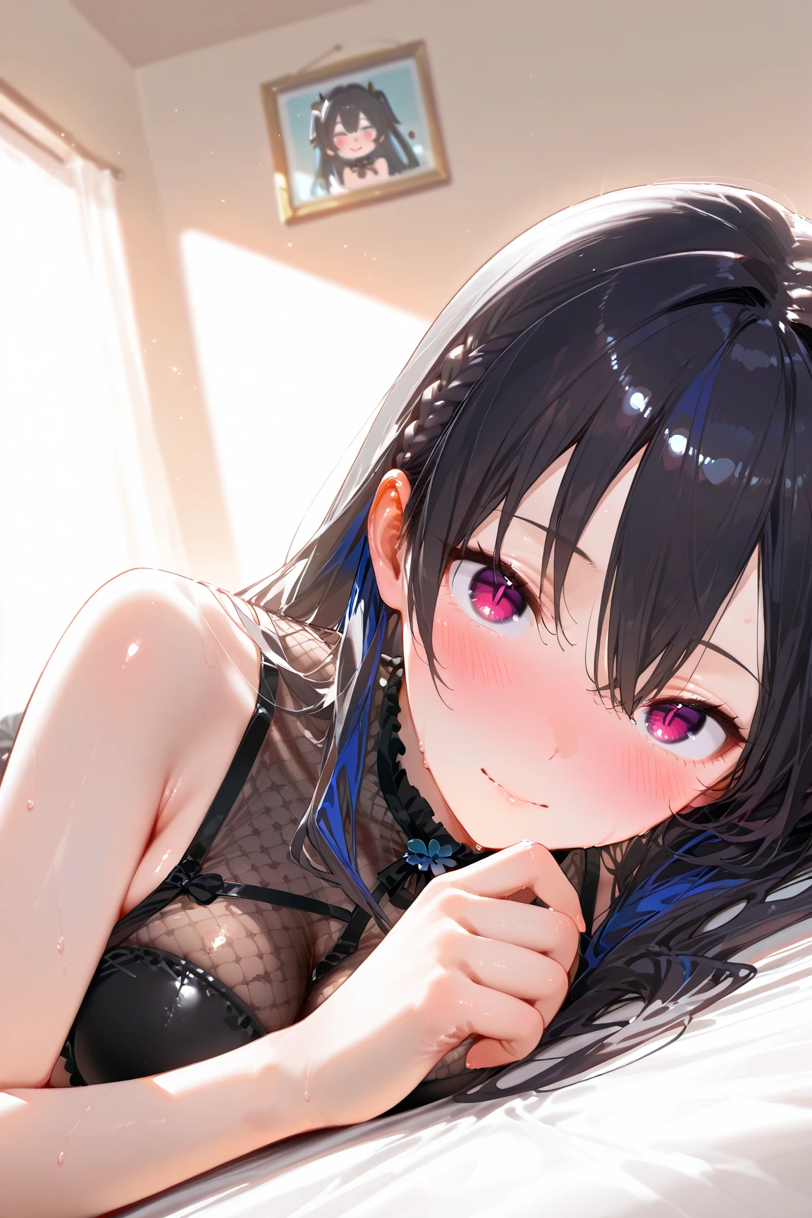 1girl, , (Expressive eyes), (Perfect Face), ((((cute)))), Drooping eyes, half close eyes, ((((Baby Face)))), (((((((female child))))))), (((6 years old))), (((Flat ))), dark skin, gleaming skin, Purple eyes, ((((Happy and excited)))), short up twintail, (black hair), , earring, (faint lips), (gal), (), ((lying on bed)), (((Sweat))), steam, ((drooling)), (( )), ((())), (((intercourse with a man))), (((1 guy))),  in , detail perfect piece, ultra detailed, 16k, (Best quality)