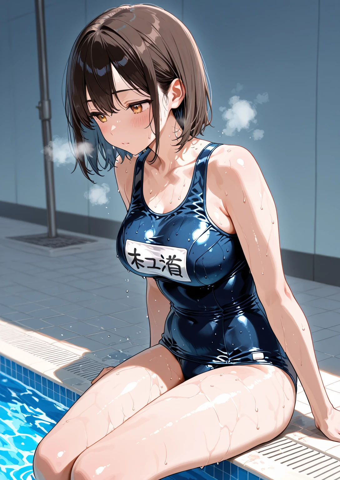 masterpiece, best quality, ultra high resolution, highly detailed, anime-style,  
Ai, now a high school girl, short fluffy black bob hair, golden droopy eyes with a calm and pure gaze, fair and smooth skin,  
wearing a modern Japanese school swimsuit – simple dark navy with a white name tag, form-fitting and modest,  
standing poolside with one hand brushing her wet bangs aside, the other holding a towel,  

expression: composed and slightly shy, subtle blush on cheeks, soft confident smile,  
background: sunlit school pool with soft reflections on the water, a quiet summer atmosphere,  

tags: school swimsuit, high school girl, calm beauty, modest elegance, golden eyes, bob hair, serene summer
