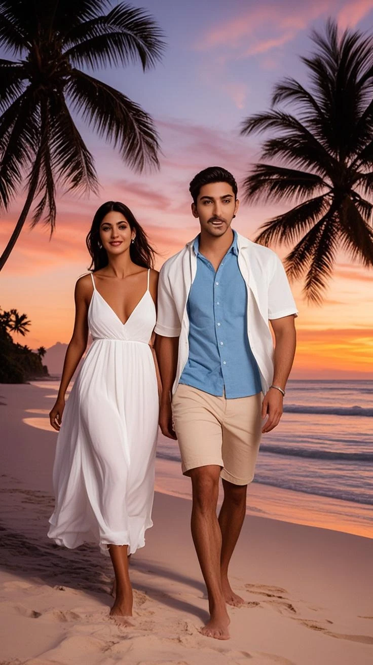 A young indian couple walking together and smiling, the woman wearing a violet dress and the man wearing a light blue shirt and khaki pants, in front of a blue and white background realistic 