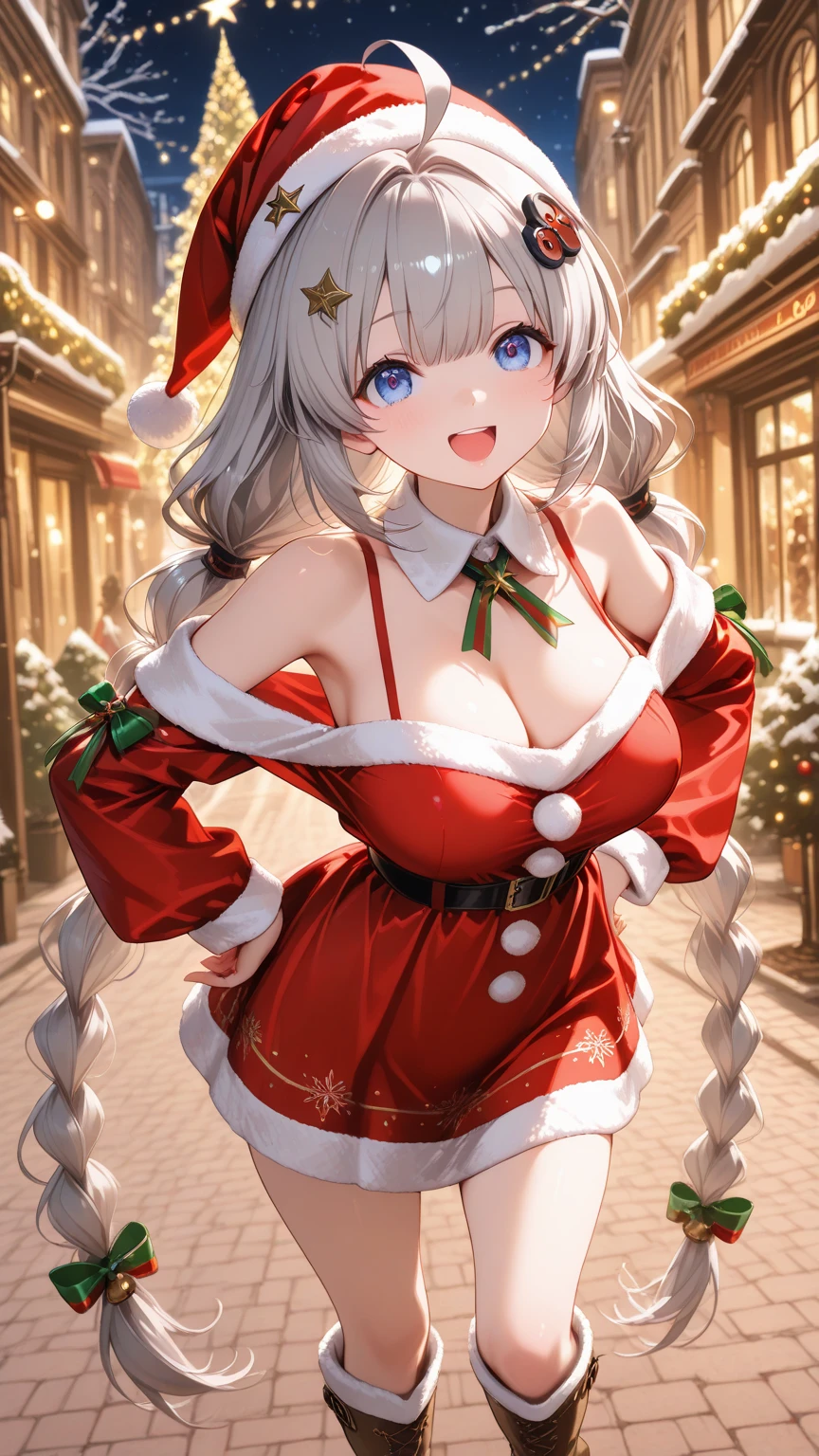 ((((perfect , super detailed skin)))), 1 girl, japanese, 14 years old, shiny skin, large breasts:0.5, watching the view, 
beautiful hair, beautiful face, beautiful detailed eyes, (middle hair:1.4), silver hair, 
beautiful clavicle, beautiful body, beautiful chest, beautiful thigh, beautiful legs, babyface, mole under eye, 
((symmetrical clothing, metallic red santa claus hat, metallic red off shoulder santa claus mini dress, white fur cuffs, white long gloves, white fur metallic red middle boots), christmas necklace),  thighs, 
well-styled, (facing the front), (((blushing cheeks, embarassed expression)), (((the skirt is rolled up by the wind))), 
(beautiful scenery),winter, midnight, christmas, outdoors, park, (christmas tree), illumination, snow, snowfall:1.5, 
(8k, top-quality, masterpiece​:1.2, extremely detailed), (photorealistic), beautiful illustration, cinematic lighting,