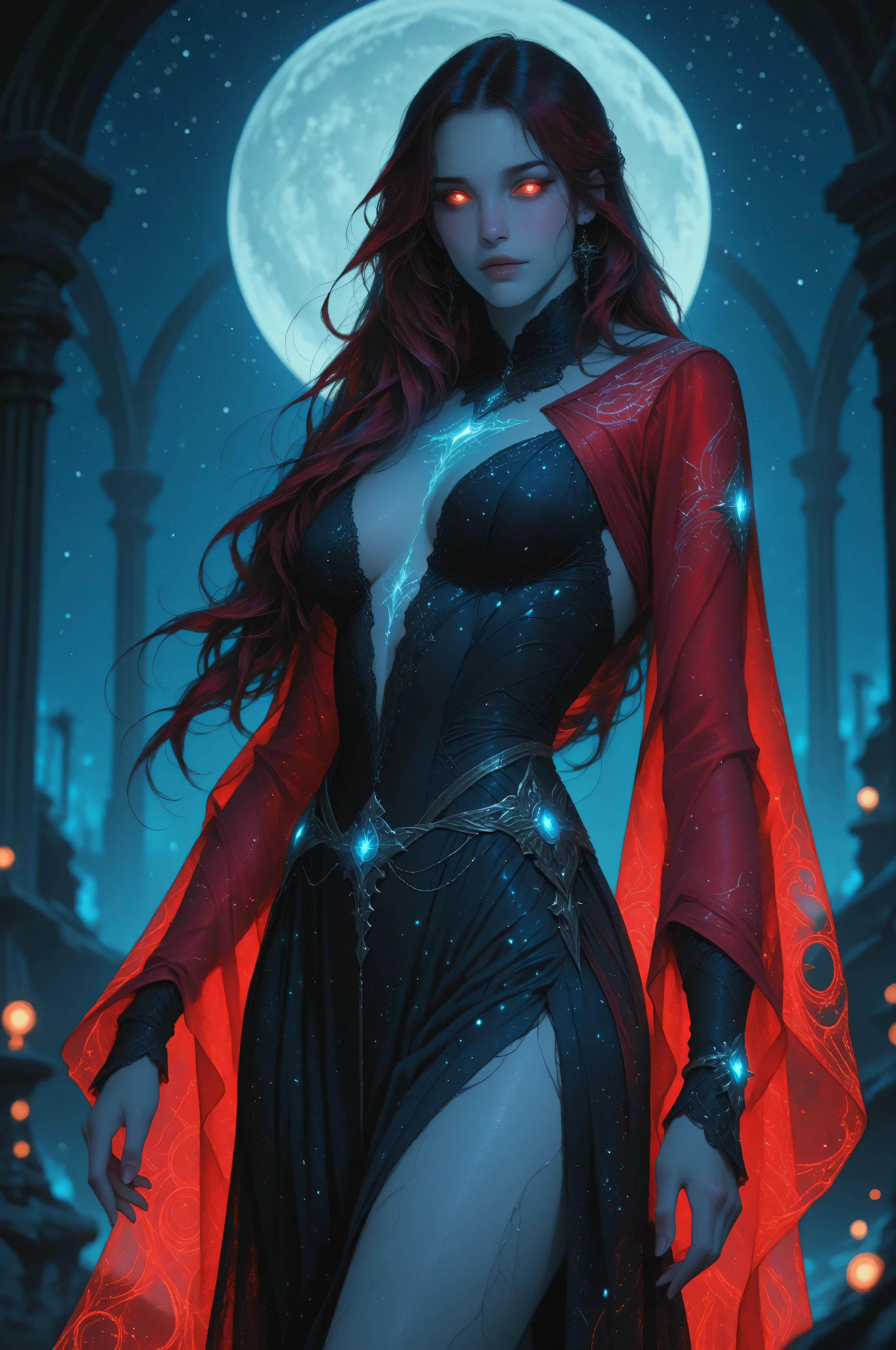 Fantasy Elements,a picture of an epic beautiful woman, ghostly beauty, wearing celestial dress, black silk dress, with celestial patterns, intricate dress, transluminescent dress, transparent dress, red sleeves, epic beautiful woman, pale skin perfect body, ghostly beauty, serene beauty, lush hair, long hair, azure glowing eyes, stars weaved in the woman's hair, light caress the woman, moon light caress the dress, fantasy art, night time, the moon rises, award winning, photorealism, depth of field, hyper realistic, zavy-ctcmcs, Celestial Fantasy, dnddarkestfantasy, Art Deco, hyp3rd3tail style, Ethereal Gothic Elegance