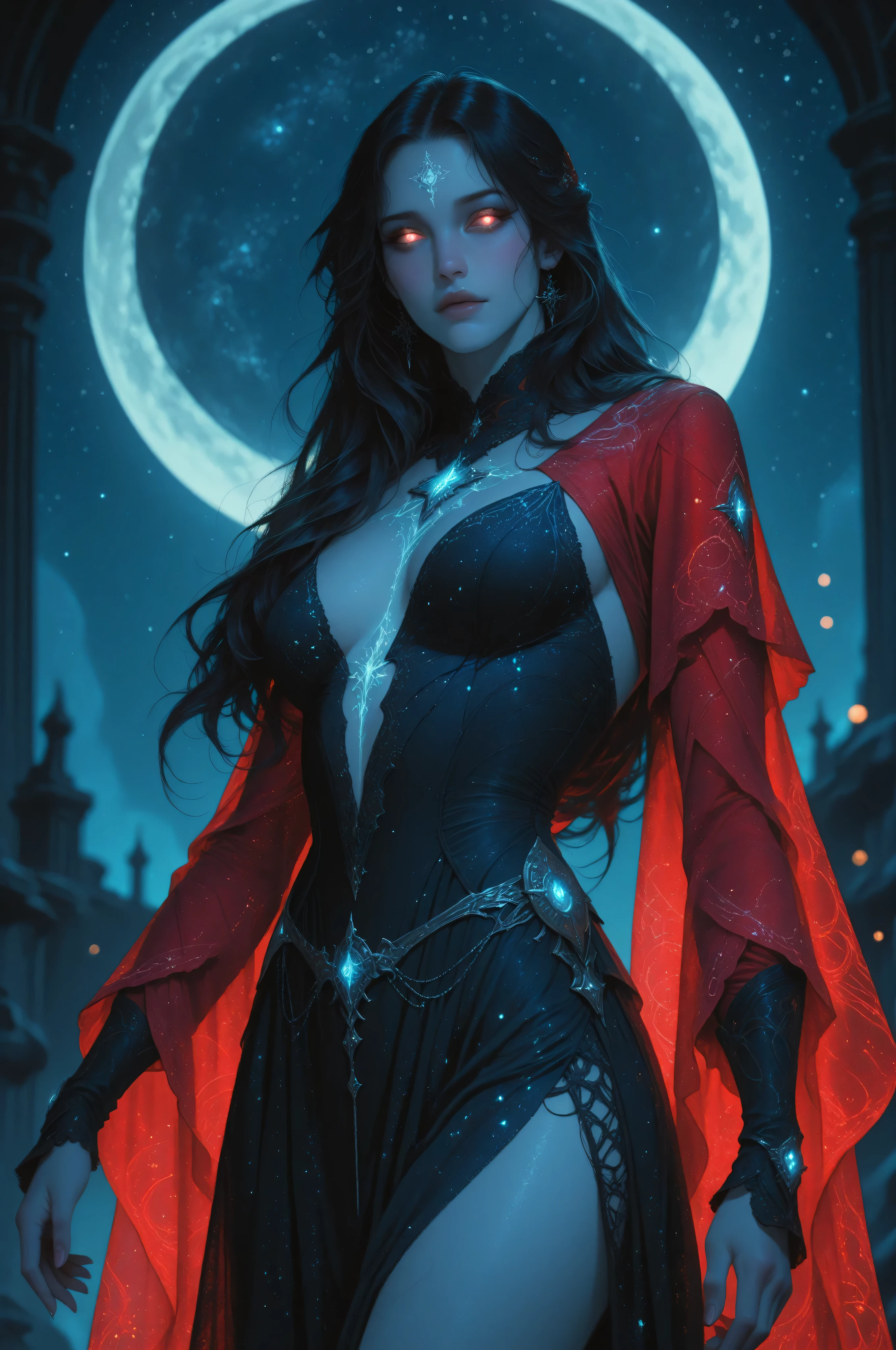 Fantasy Elements,a picture of an epic beautiful woman, ghostly beauty, wearing celestial dress, black silk dress, with celestial patterns, intricate dress, transluminescent dress, transparent dress, red sleeves, epic beautiful woman, pale skin perfect body, ghostly beauty, serene beauty, lush hair, long hair, azure glowing eyes, stars weaved in the woman's hair, light caress the woman, moon light caress the dress, fantasy art, night time, the moon rises, award winning, photorealism, depth of field, hyper realistic, zavy-ctcmcs, Celestial Fantasy, dnddarkestfantasy, Art Deco, hyp3rd3tail style, Ethereal Gothic Elegance