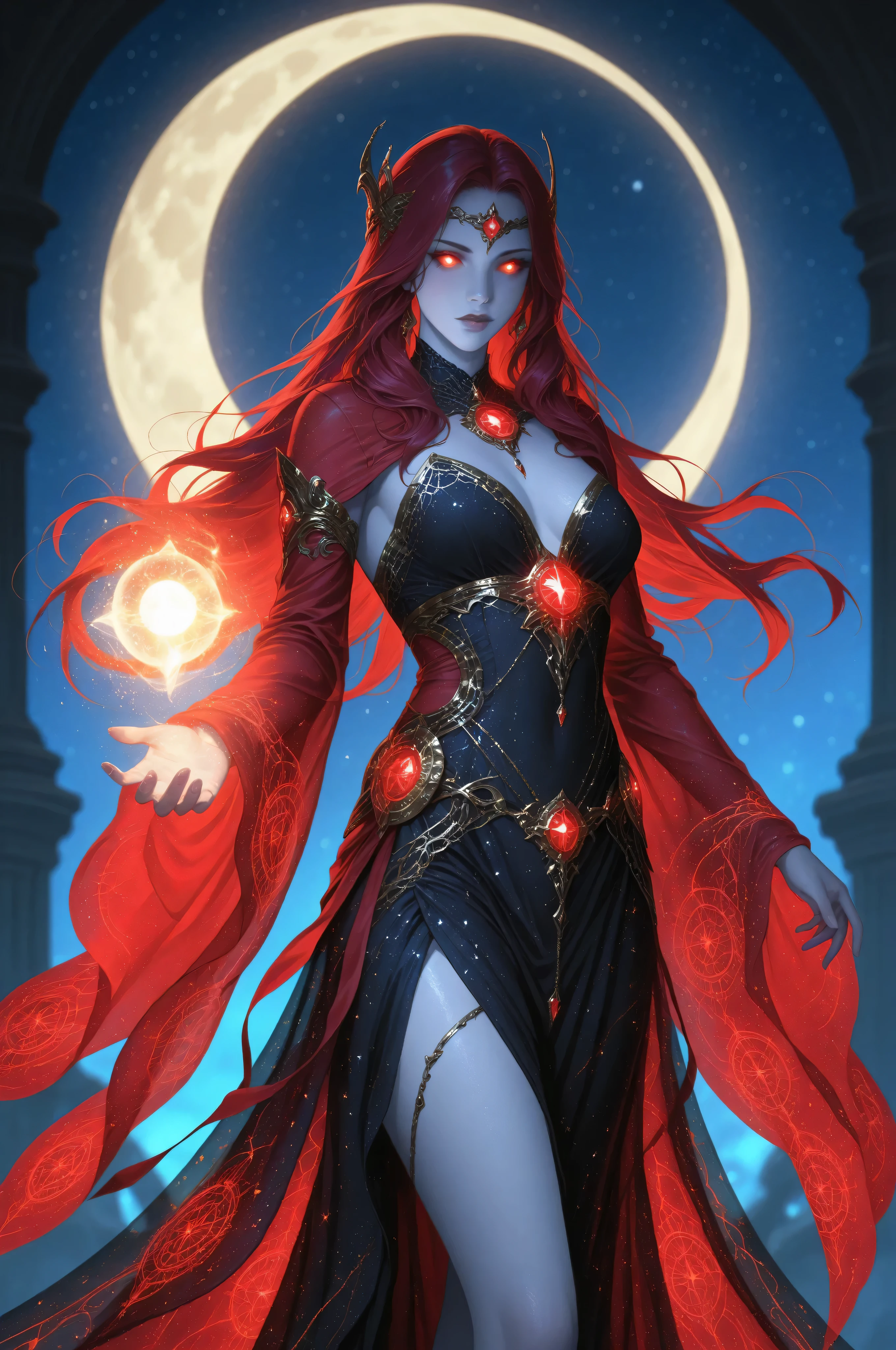 Fantasy Elements,a picture of an epic beautiful woman, ghostly beauty, wearing celestial dress, black silk dress, with celestial patterns, intricate dress, transluminescent dress, transparent dress, red sleeves, epic beautiful woman, pale skin perfect body, ghostly beauty, serene beauty, lush hair, long hair, red glowing eyes, stars weaved in the woman's hair, light caress the woman, moon light caress the dress, fantasy art, night time, the moon rises, award winning, photorealism, depth of field, hyper realistic, zavy-ctcmcs, Celestial Fantasy, dnddarkestfantasy, Art Deco, hyp3rd3tail style, Ethereal Gothic Elegance