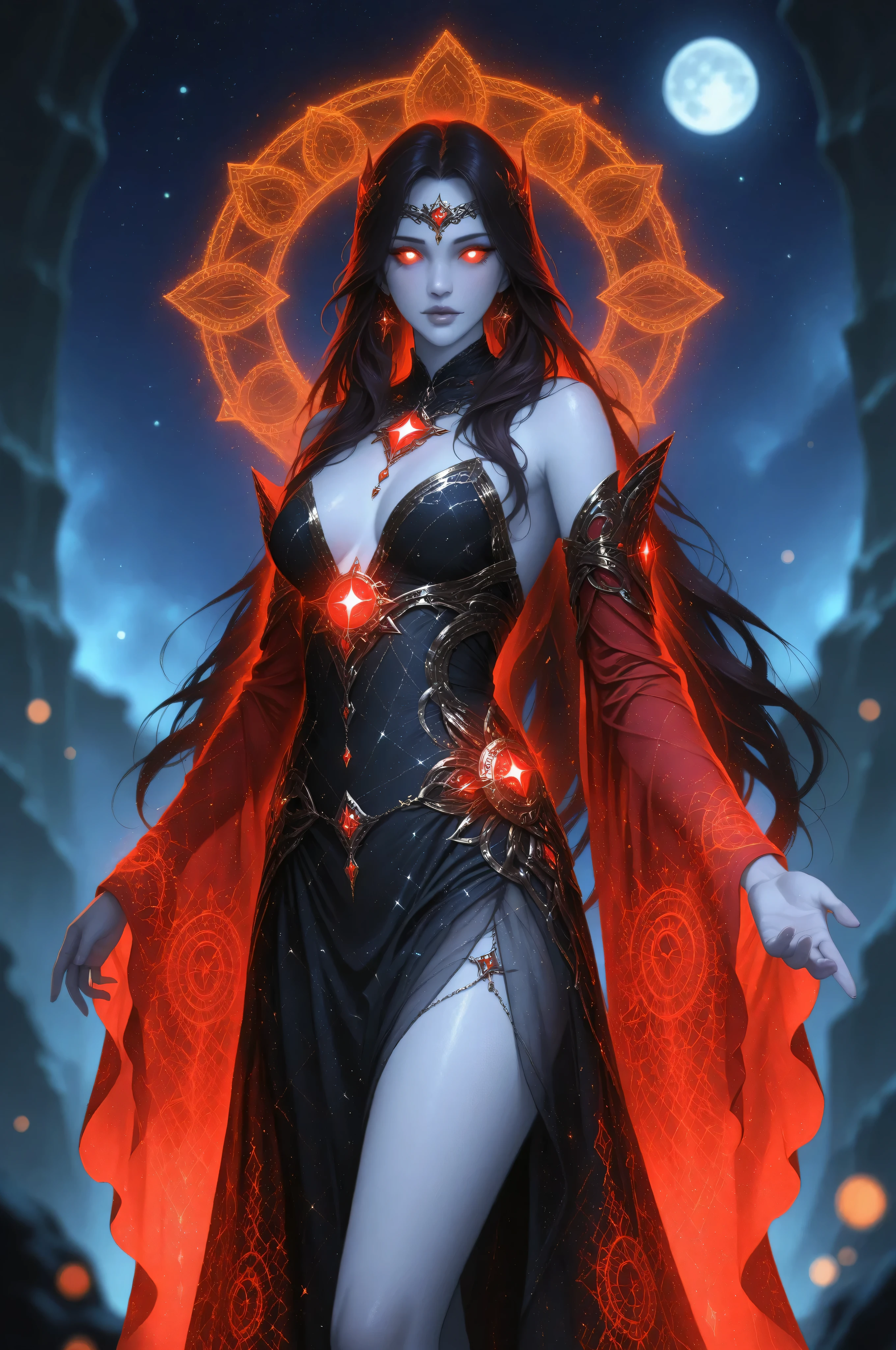 Fantasy Elements,a picture of an epic beautiful woman, ghostly beauty, wearing celestial dress, black silk dress, with celestial patterns, intricate dress, transluminescent dress, transparent dress, red sleeves, epic beautiful woman, pale skin perfect body, ghostly beauty, serene beauty, lush hair, long hair, red glowing eyes, stars weaved in the woman's hair, light caress the woman, moon light caress the dress, fantasy art, night time, the moon rises, award winning, photorealism, depth of field, hyper realistic, zavy-ctcmcs, Celestial Fantasy, dnddarkestfantasy, Art Deco, hyp3rd3tail style, Ethereal Gothic Elegance