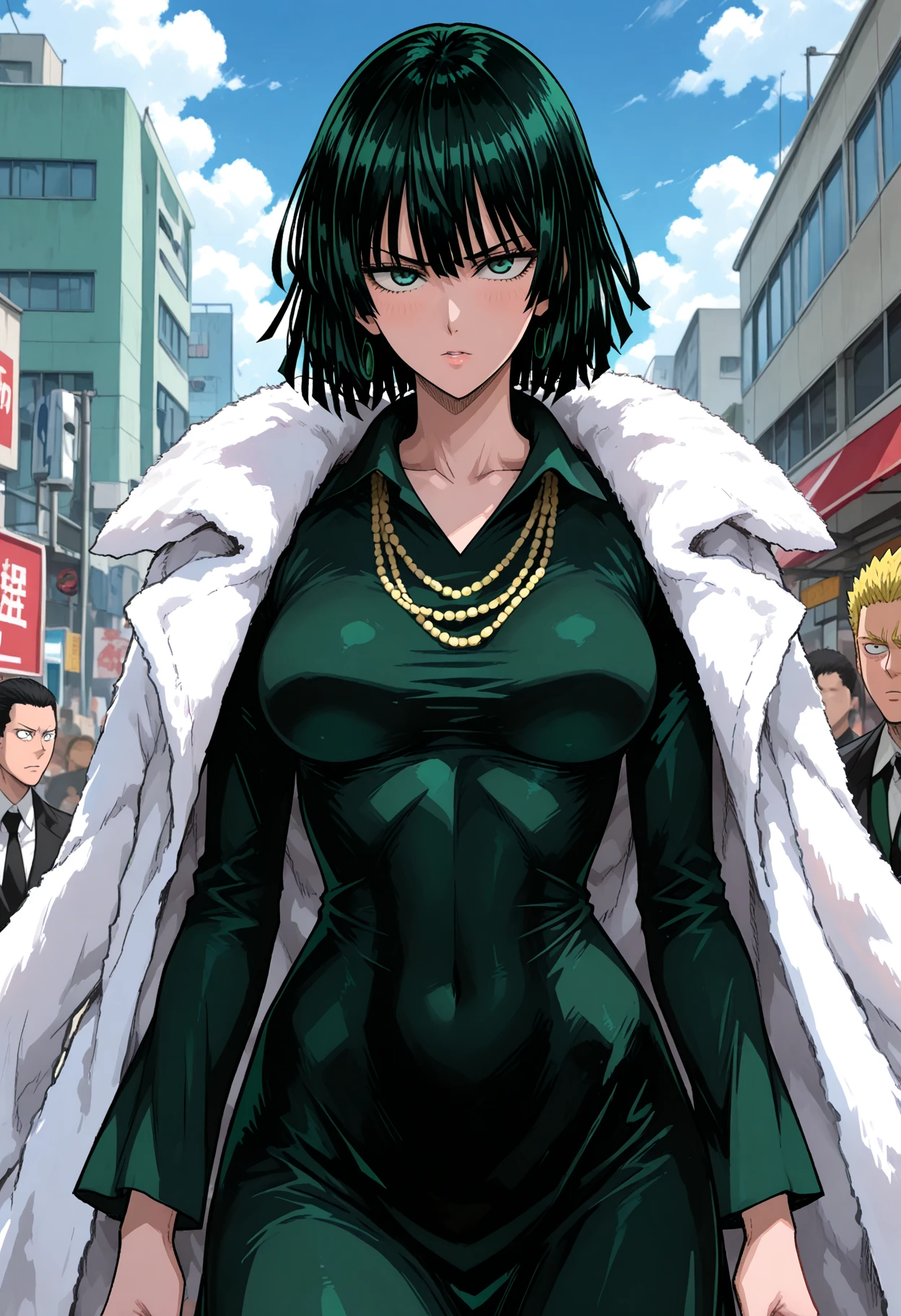 score_9,score_8_up,score_7_up,score_anime,score_manga,score_hentai,zPDXL2,<lora:Expressive_H:0.6>,expressiveh, 1girl,mature female,short hair,green hair,fubuki \(one-punch man\),<lora:One_Punch_Man:1>,covered nipples, green latex dress, smirk, cinematic lightning, city background