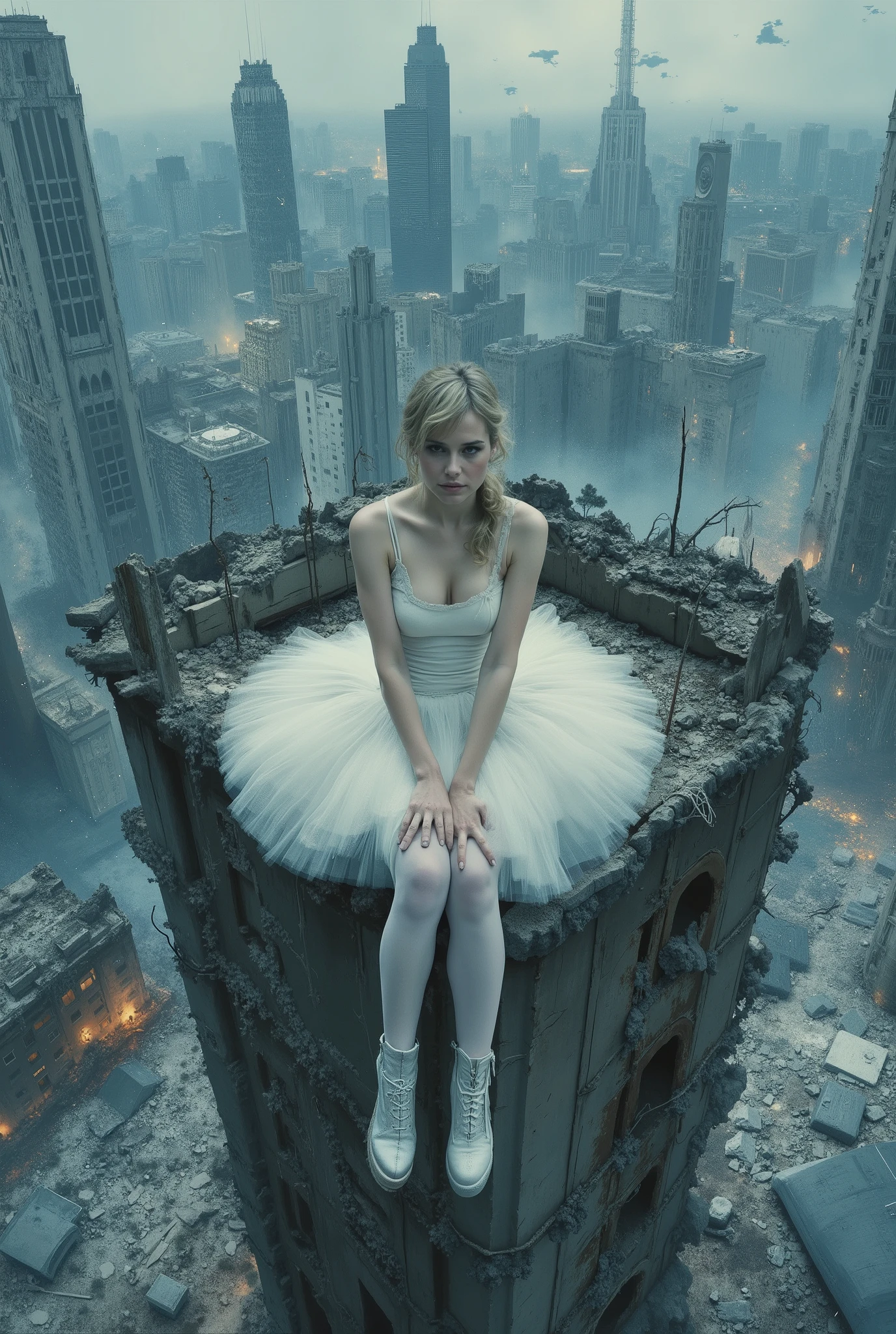 oil painting. The end of World. The digital illustration shows a beautyfull woman. She's wearing a white tutu white pantyhose and white platform boots. She is sitting on top of the ruins of high destroyed building with legs down. She has evening makeup and a hairstyle. It is wide angle shot from top. The background is a mix of abstract and urban elements, with a cool color palette dominated by shades of blue and gray. The overall style of the game is very detailed and dynamic, with an emphasis on strong and confident character behavior. Surreal digital graphics.