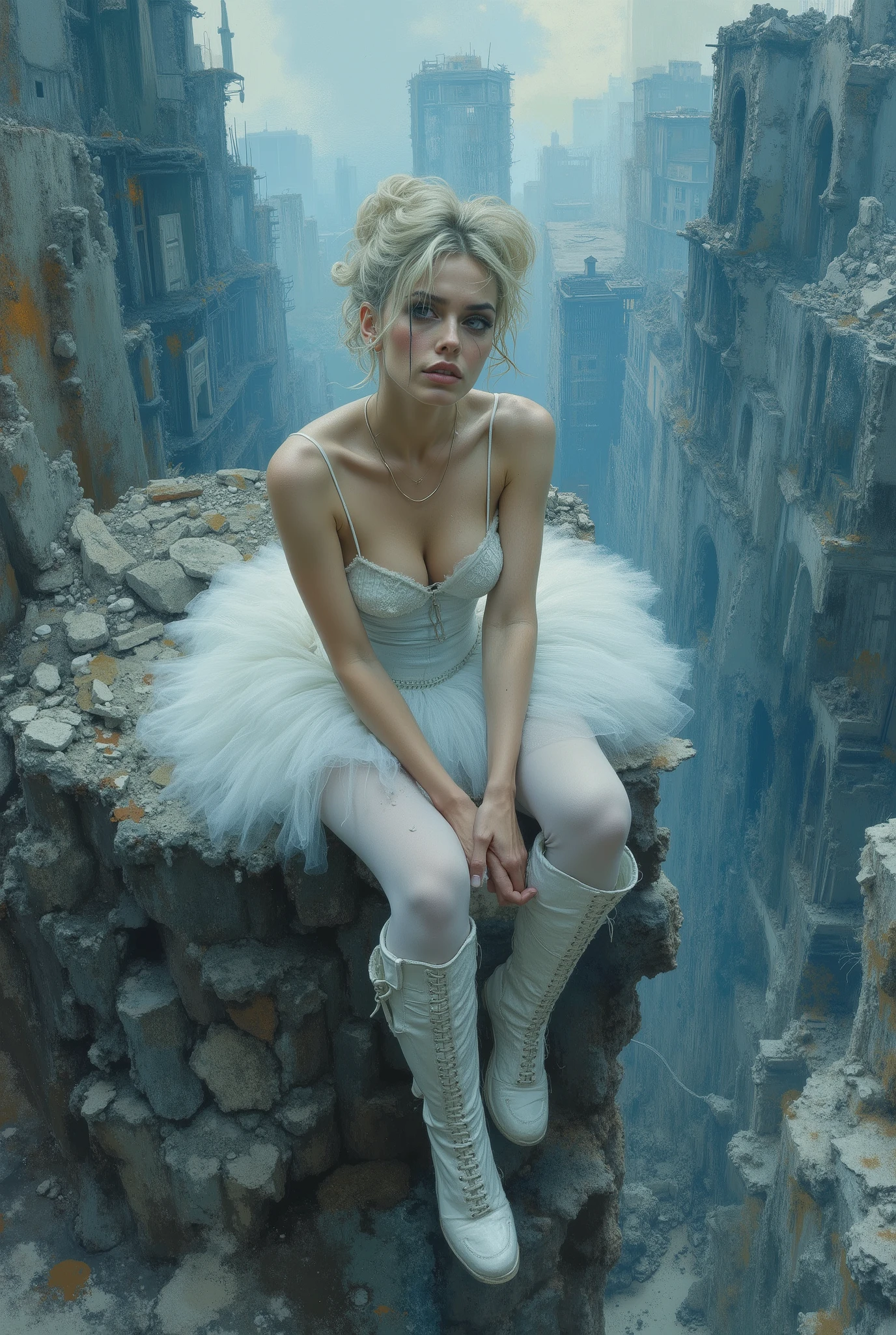oil painting. The end of World. The digital illustration shows a beautyfull woman. She's wearing a white tutu white pantyhose and white platform boots. She is sitting on top of the ruins of high destroyed building with legs down. She has evening makeup and a hairstyle. It is wide angle shot from top. The background is a mix of abstract and urban elements, with a cool color palette dominated by shades of blue and gray. The overall style of the game is very detailed and dynamic, with an emphasis on strong and confident character behavior. Surreal digital graphics.