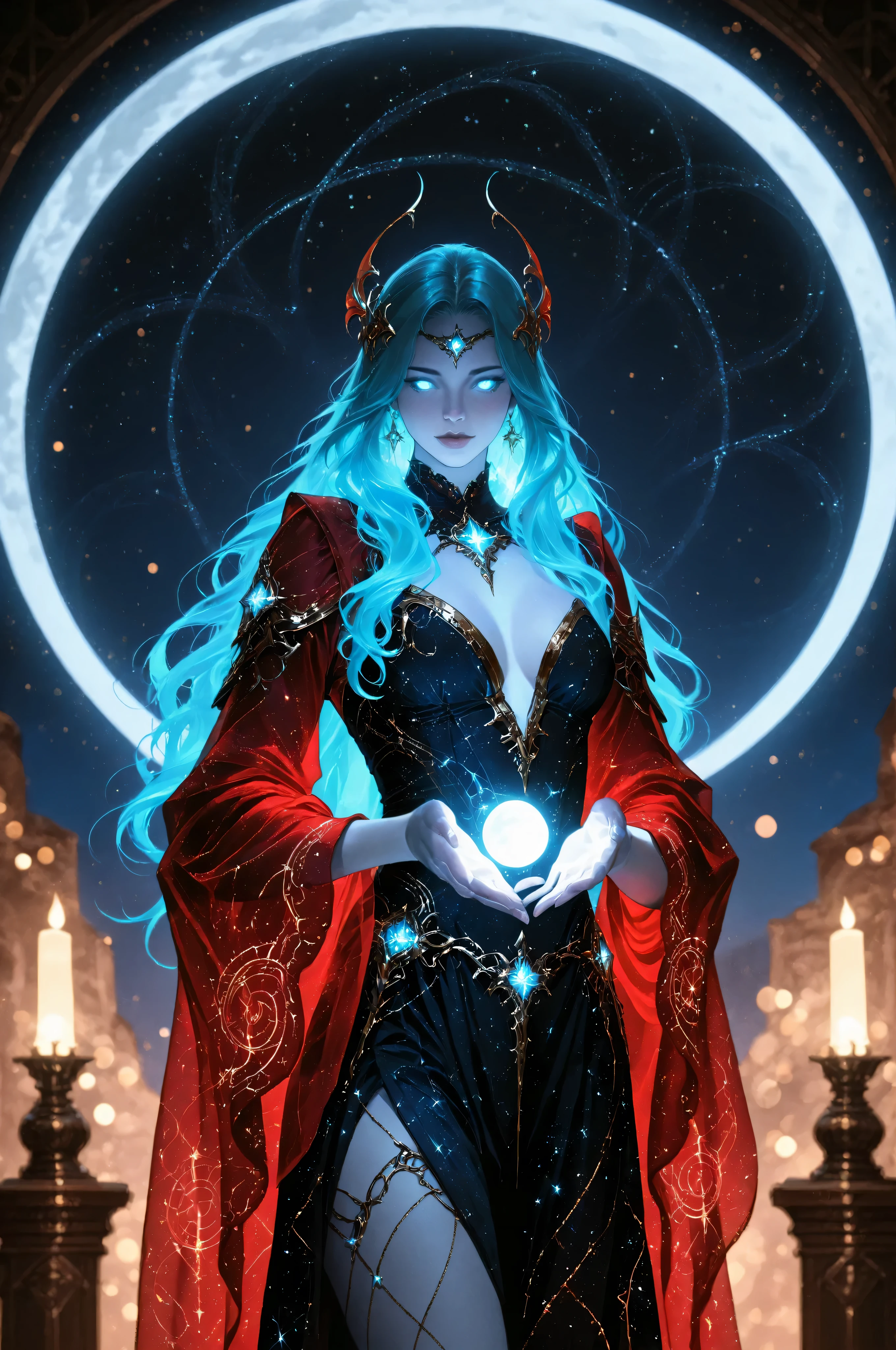 Fantasy Elements,a picture of an epic beautiful woman, ghostly beauty, wearing celestial dress, black silk dress, with celestial patterns, intricate dress, transluminescent dress, transparent dress, red sleeves, epic beautiful woman, pale skin perfect body, ghostly beauty, serene beauty, lush hair, long hair, azure glowing eyes, stars weaved in the woman's hair, light caress the woman, moon light caress the dress, fantasy art, night time, the moon rises, award winning, photorealism, depth of field, hyper realistic, zavy-ctcmcs, Celestial Fantasy, dnddarkestfantasy, Art Deco, hyp3rd3tail style, Ethereal Gothic Elegance
