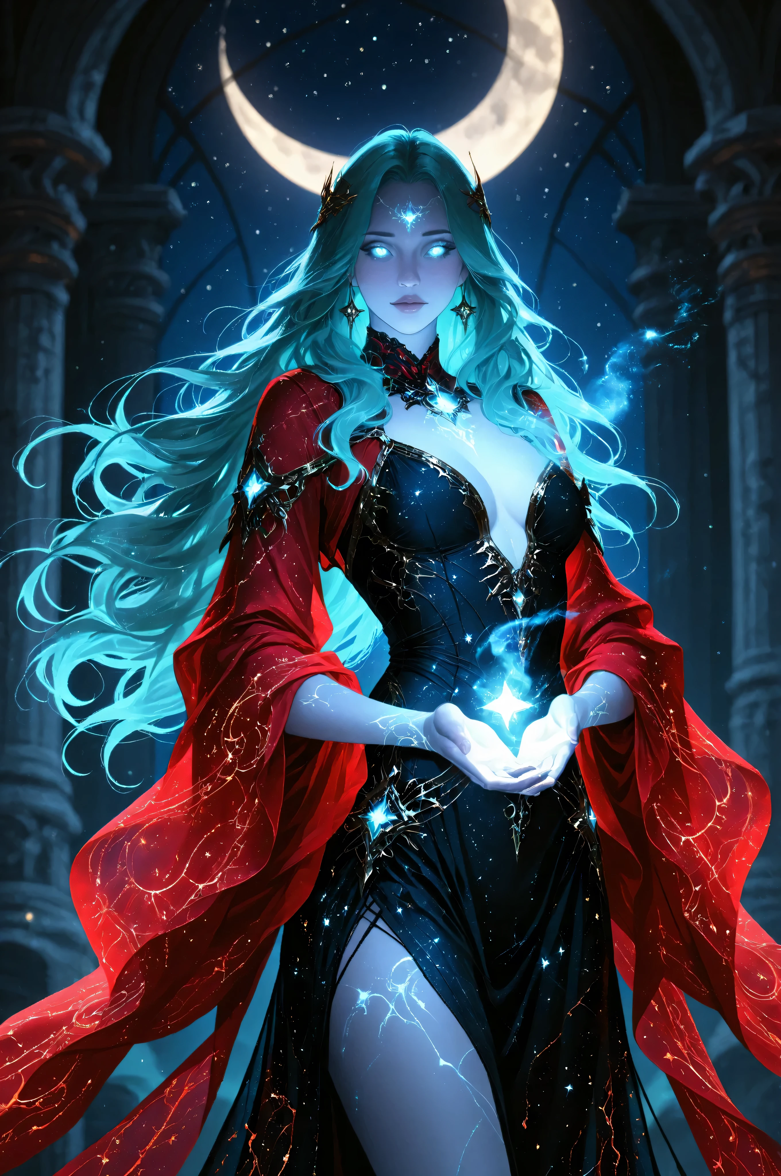 Fantasy Elements,a picture of an epic beautiful woman, ghostly beauty, wearing celestial dress, black silk dress, with celestial patterns, intricate dress, transluminescent dress, transparent dress, red sleeves, epic beautiful woman, pale skin perfect body, ghostly beauty, serene beauty, lush hair, long hair, azure glowing eyes, stars weaved in the woman's hair, light caress the woman, moon light caress the dress, fantasy art, night time, the moon rises, award winning, photorealism, depth of field, hyper realistic, zavy-ctcmcs, Celestial Fantasy, dnddarkestfantasy, Art Deco, hyp3rd3tail style, Ethereal Gothic Elegance